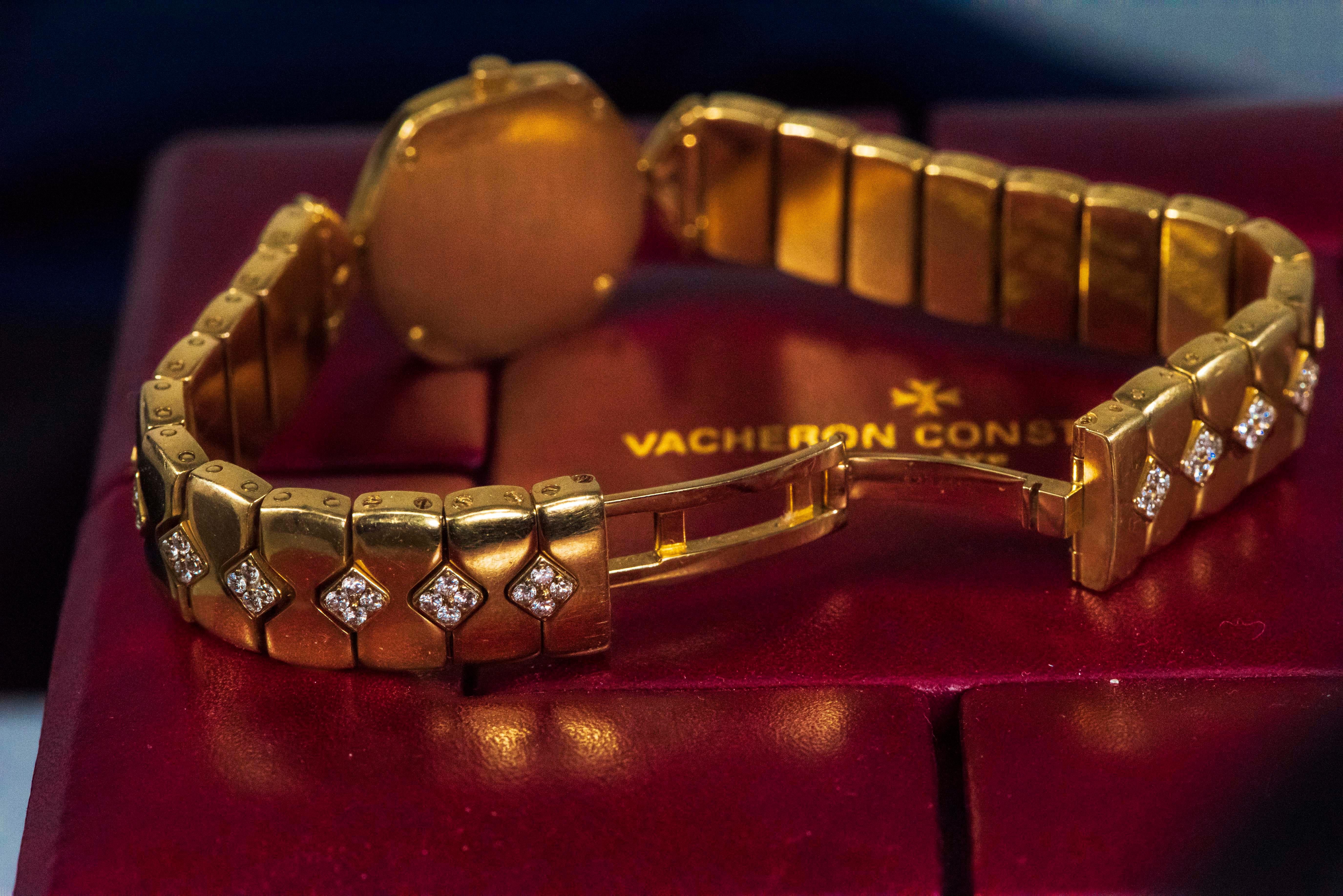 1980s Vacheron Constantin Diamond Hexagon Honey Comb Yellow Gold Bracelet Watch 1