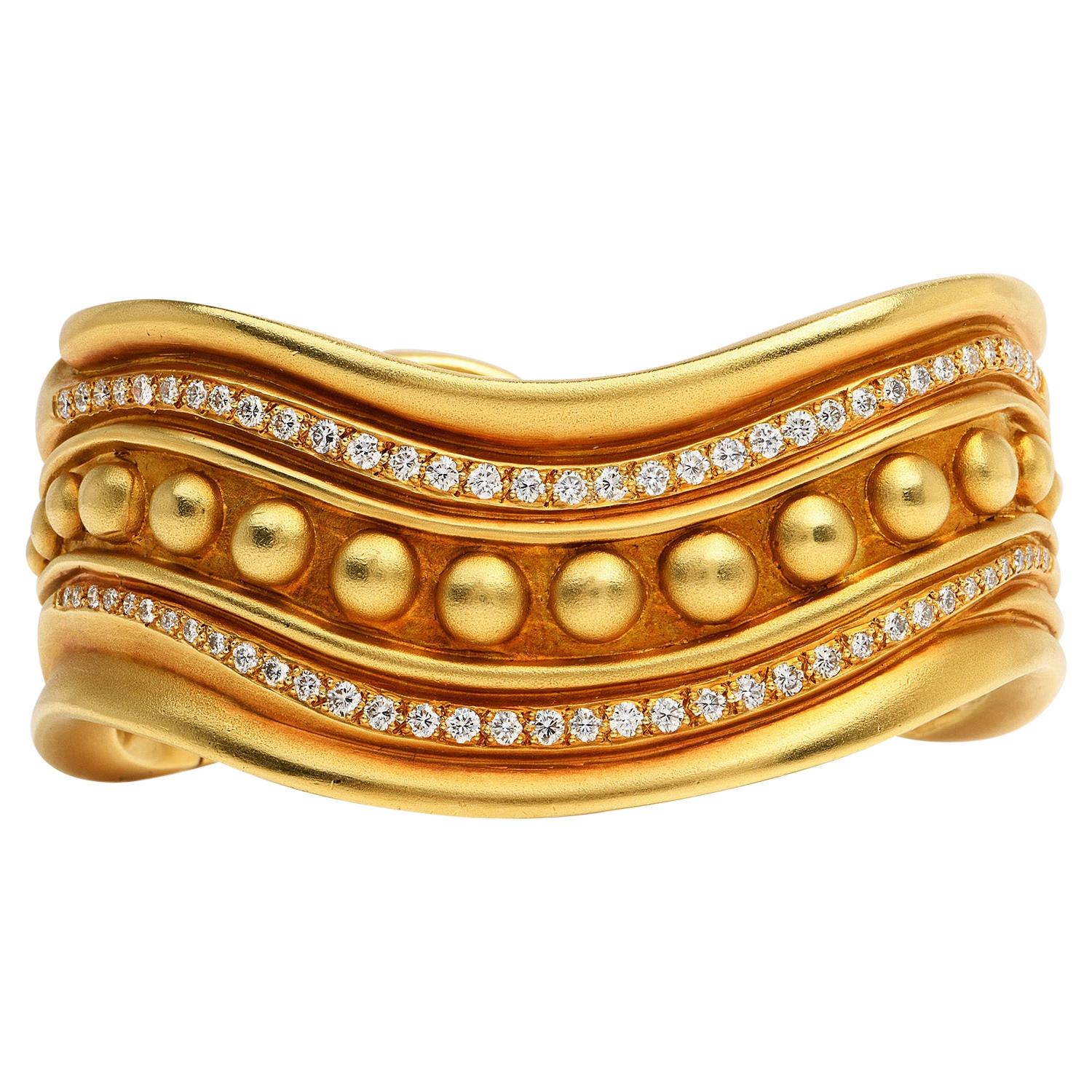 Heavy Elephant Diamond Gold Wide Bangle Cuff Bracelet at 1stDibs