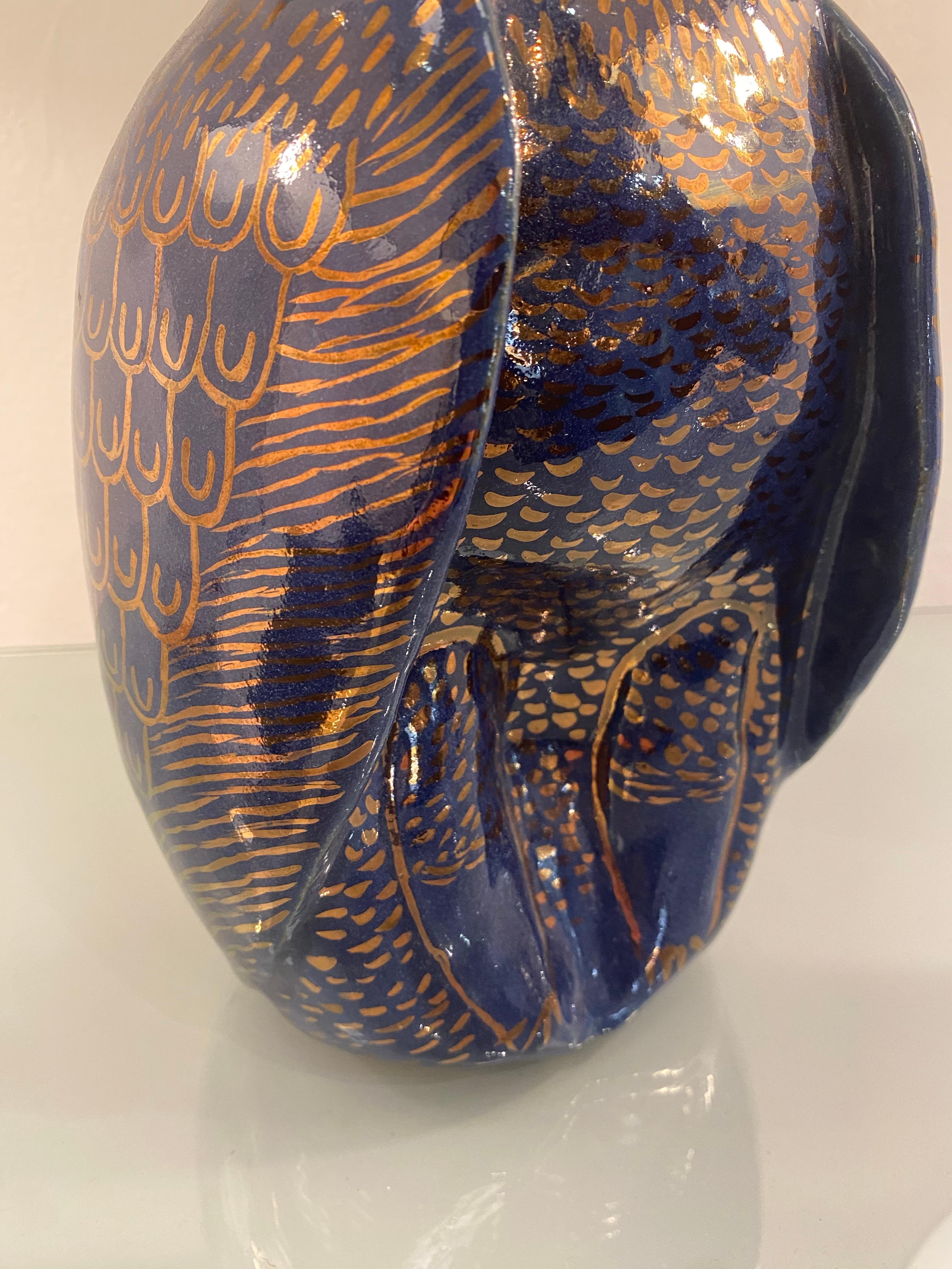 1980s Valaurie Blue Ceramic Eagle Bird Sculpture 24k Gold Italian France 4