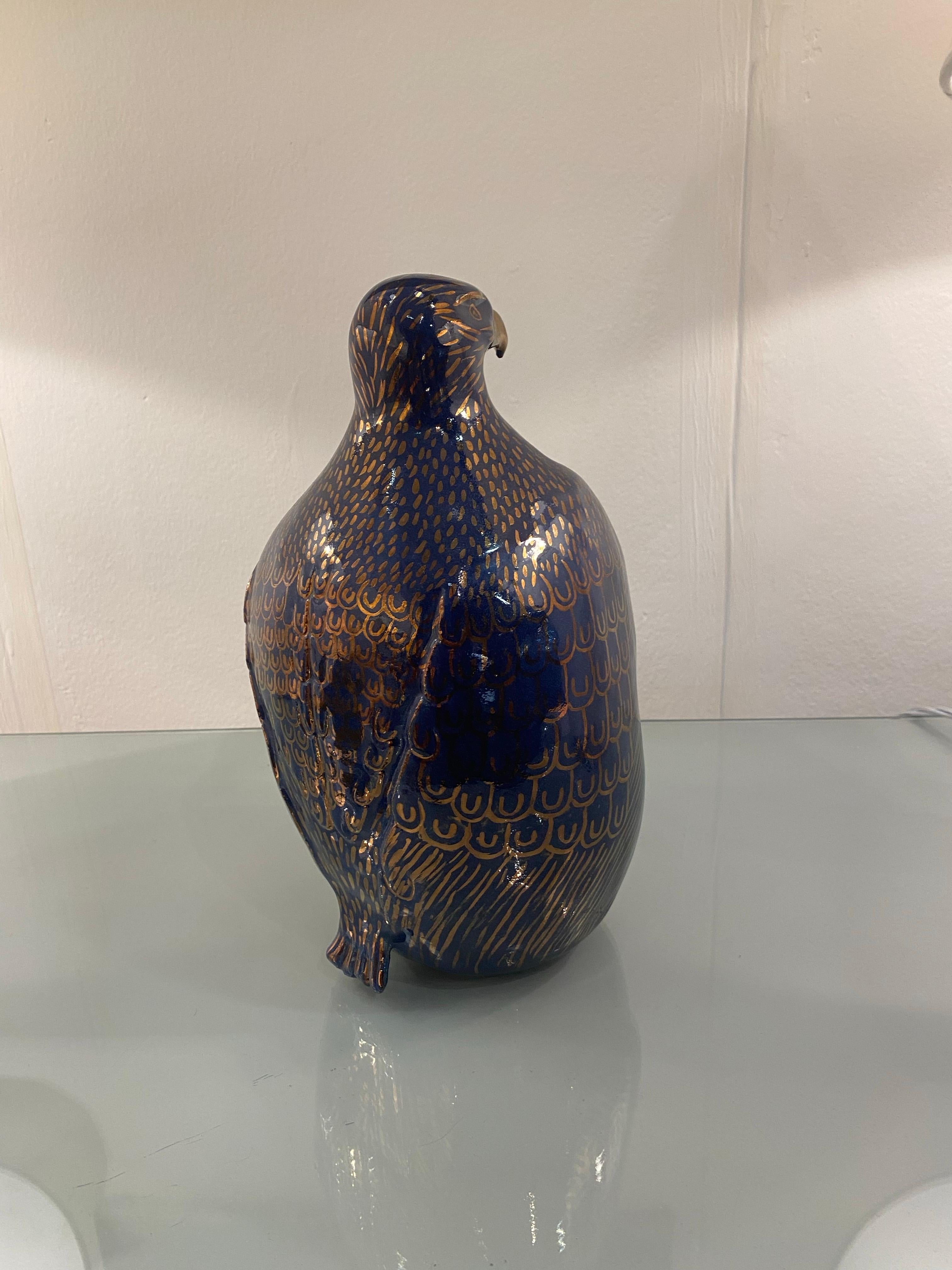 1980s Valaurie Blue Ceramic Eagle Bird Sculpture 24k Gold Italian France 5