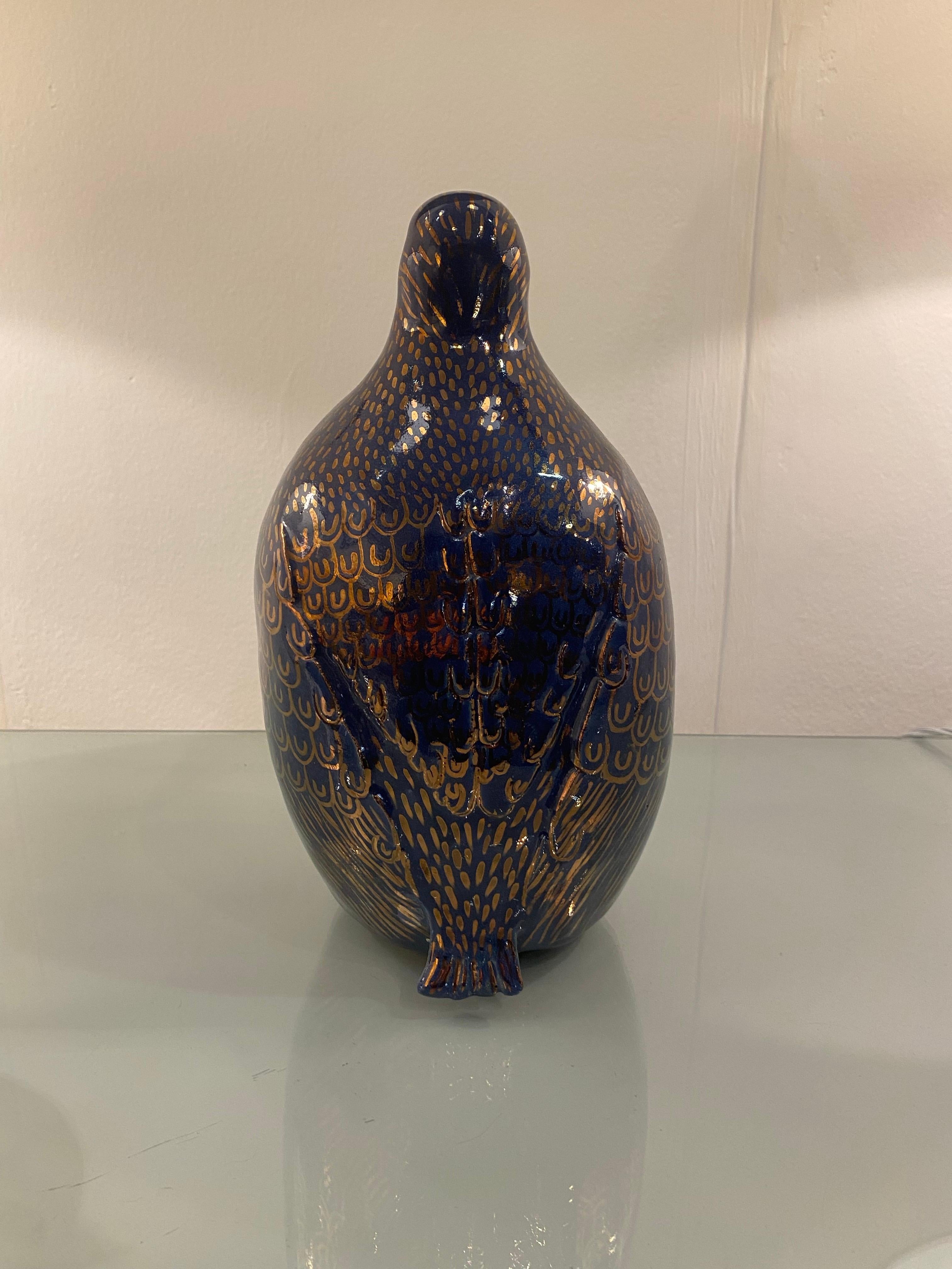 1980s Valaurie Blue Ceramic Eagle Bird Sculpture 24k Gold Italian France 7