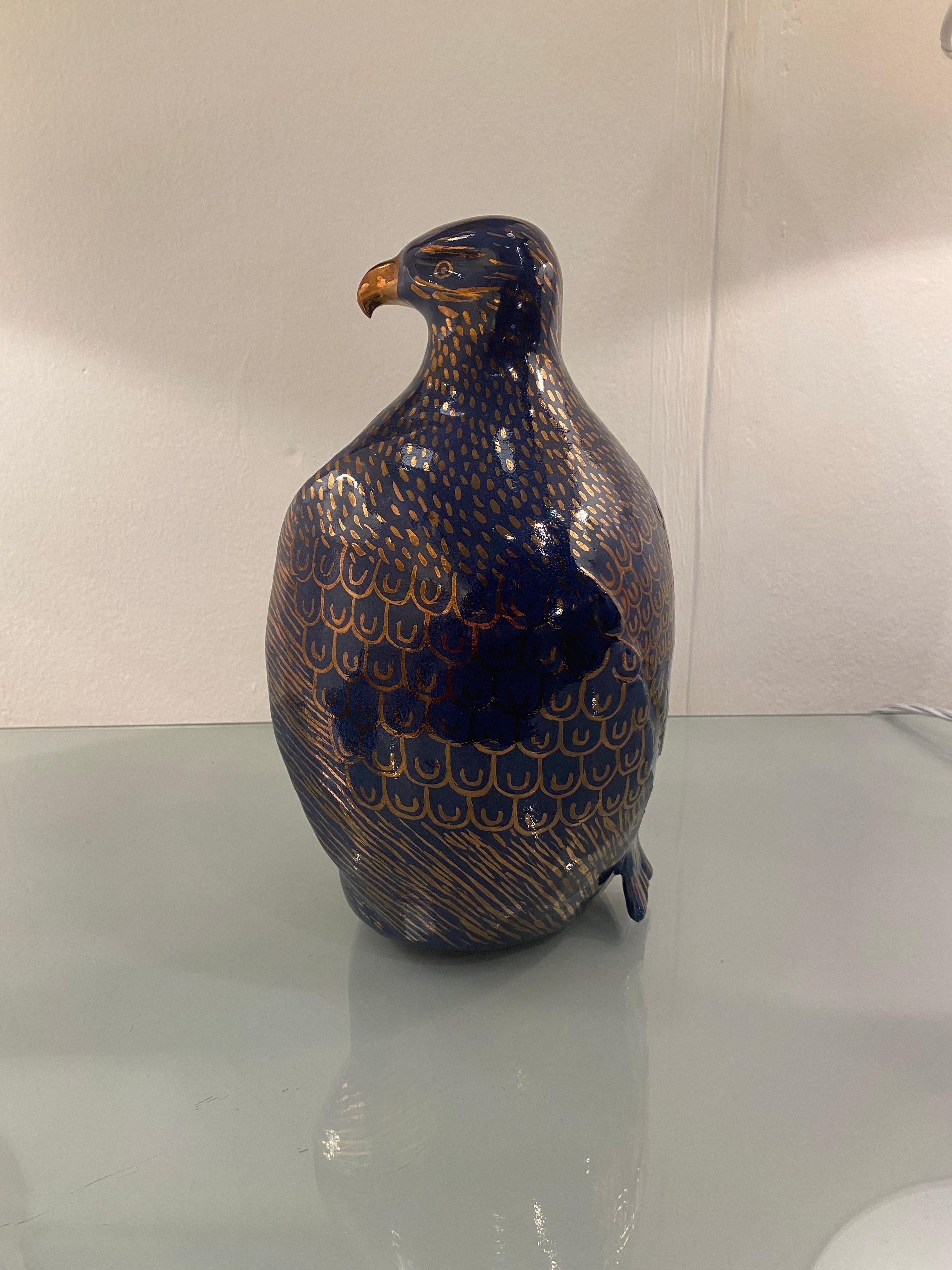 1980s Valaurie Blue Ceramic Eagle Bird Sculpture 24k Gold Italian France 8