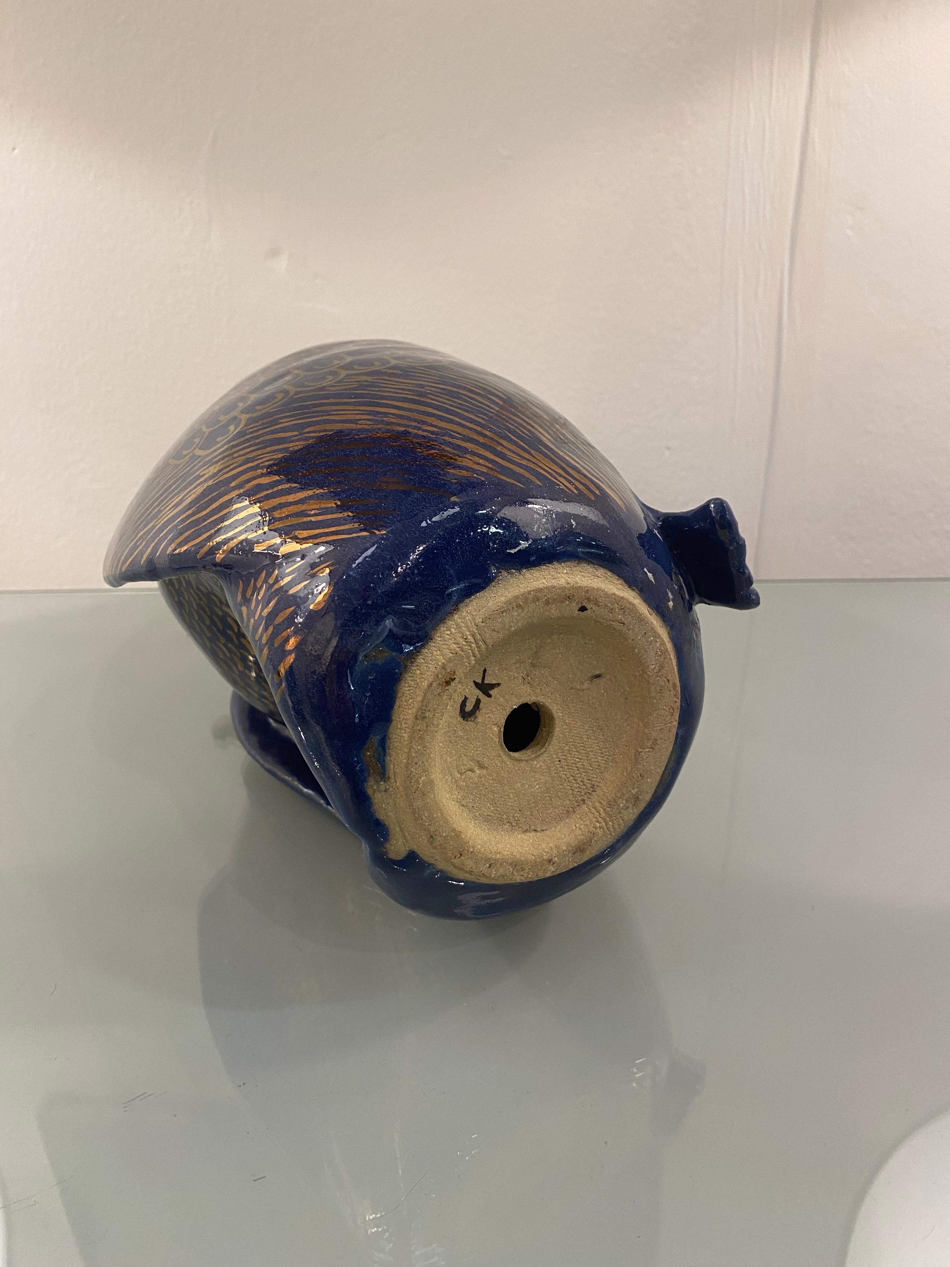 1980s Valaurie Blue Ceramic Eagle Bird Sculpture 24k Gold Italian France 10