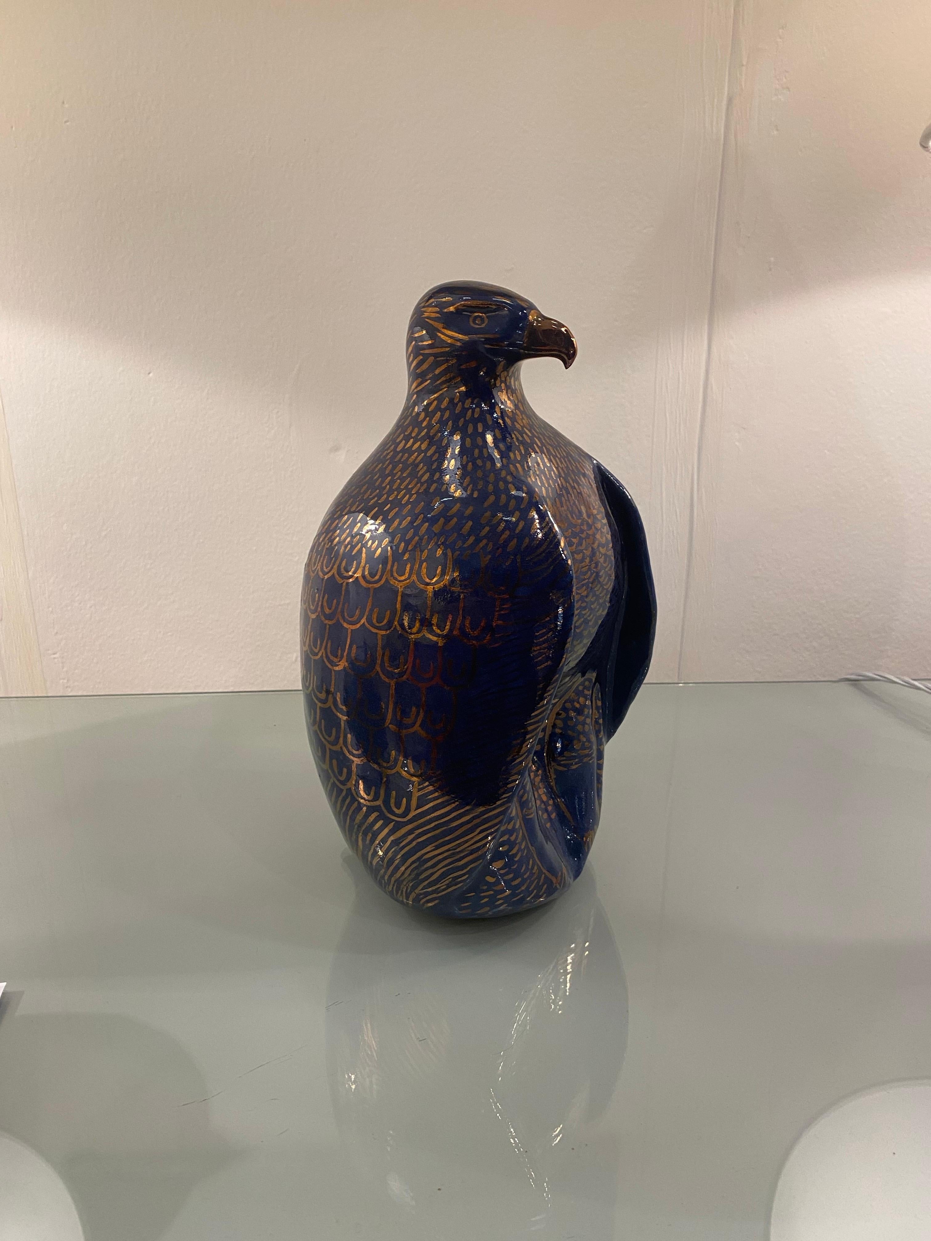 Late 20th Century 1980s Valaurie Blue Ceramic Eagle Bird Sculpture 24k Gold Italian France