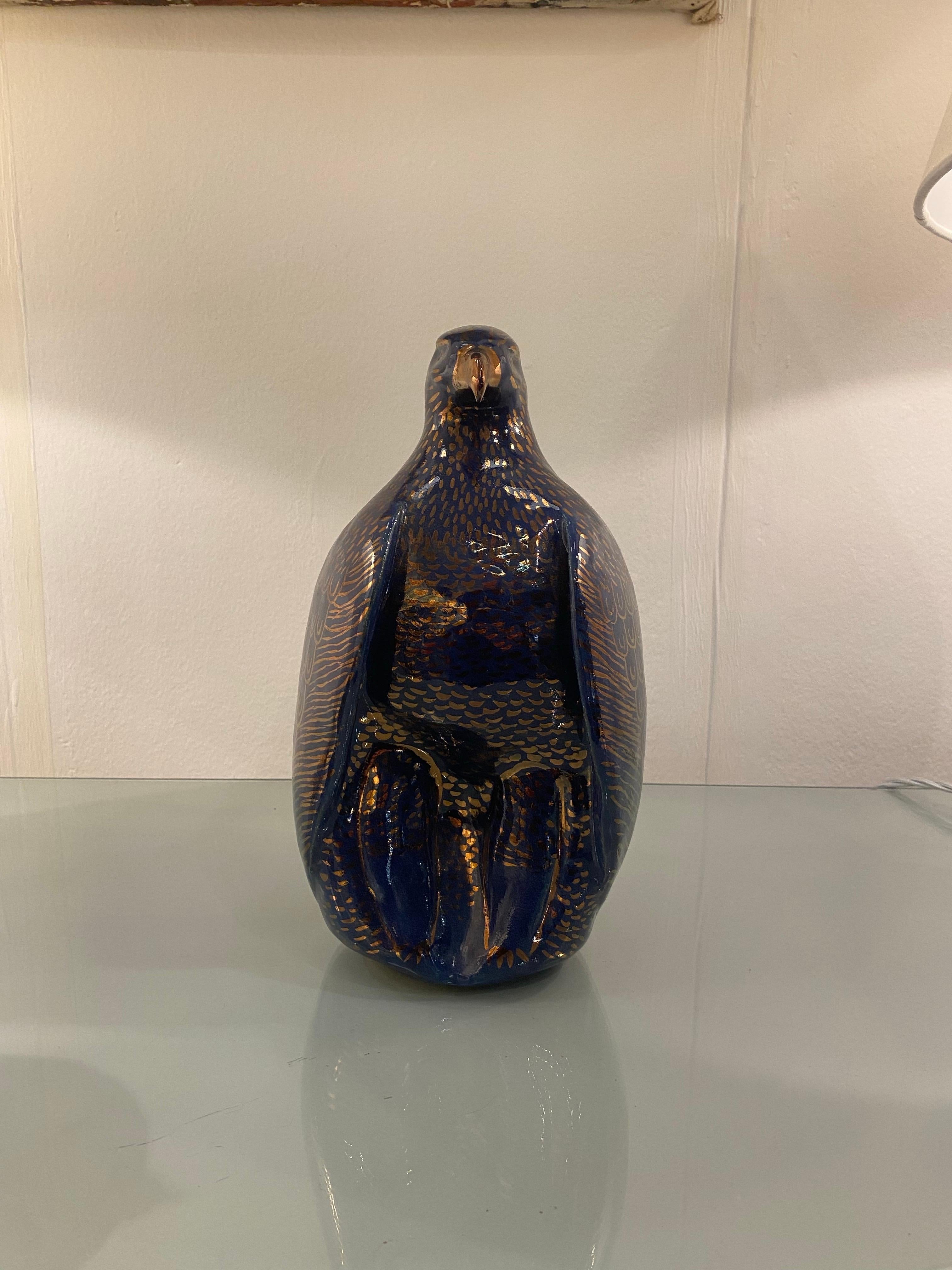 Brass 1980s Valaurie Blue Ceramic Eagle Bird Sculpture 24k Gold Italian France