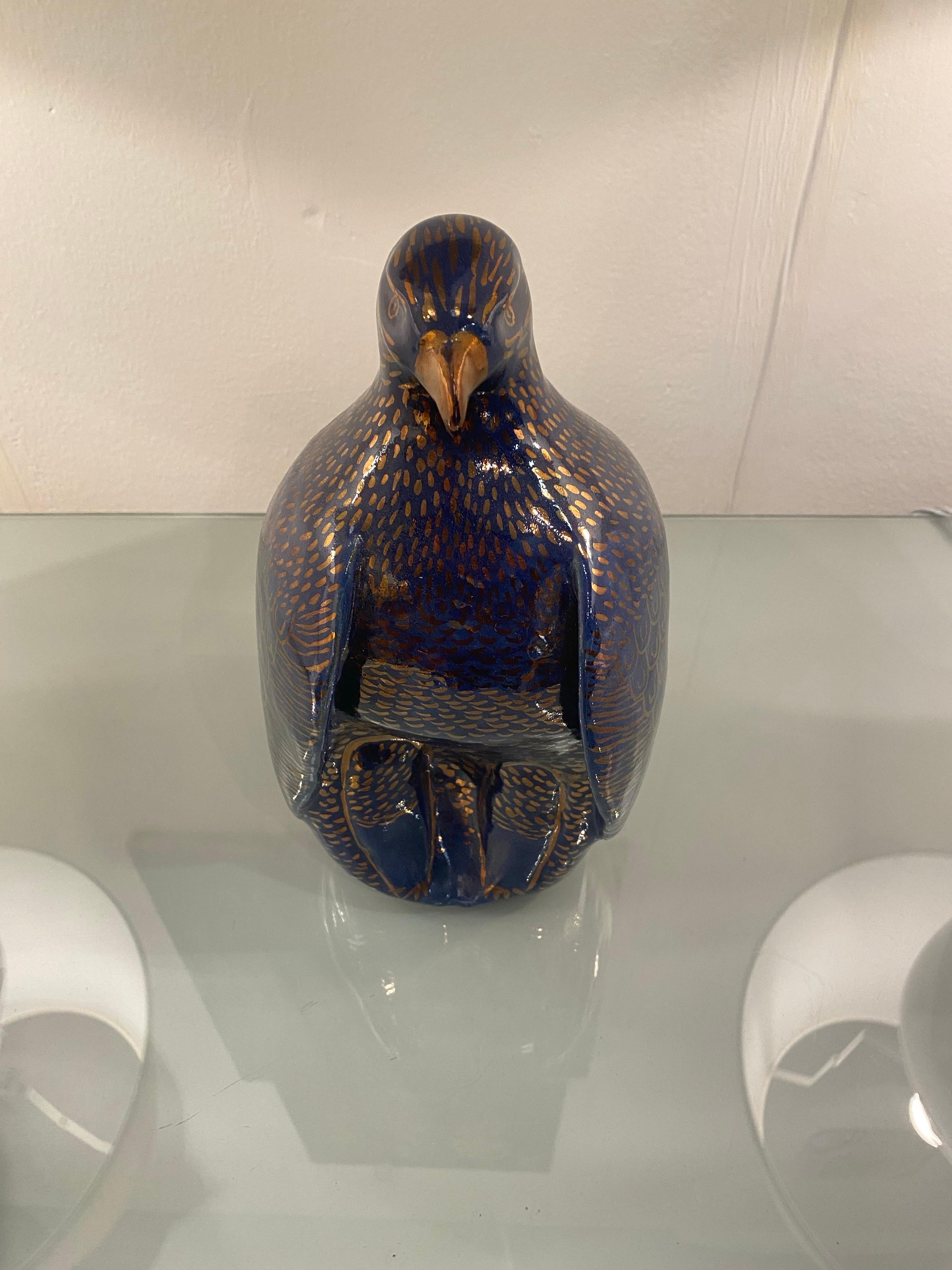 1980s Valaurie Blue Ceramic Eagle Bird Sculpture 24k Gold Italian France 1