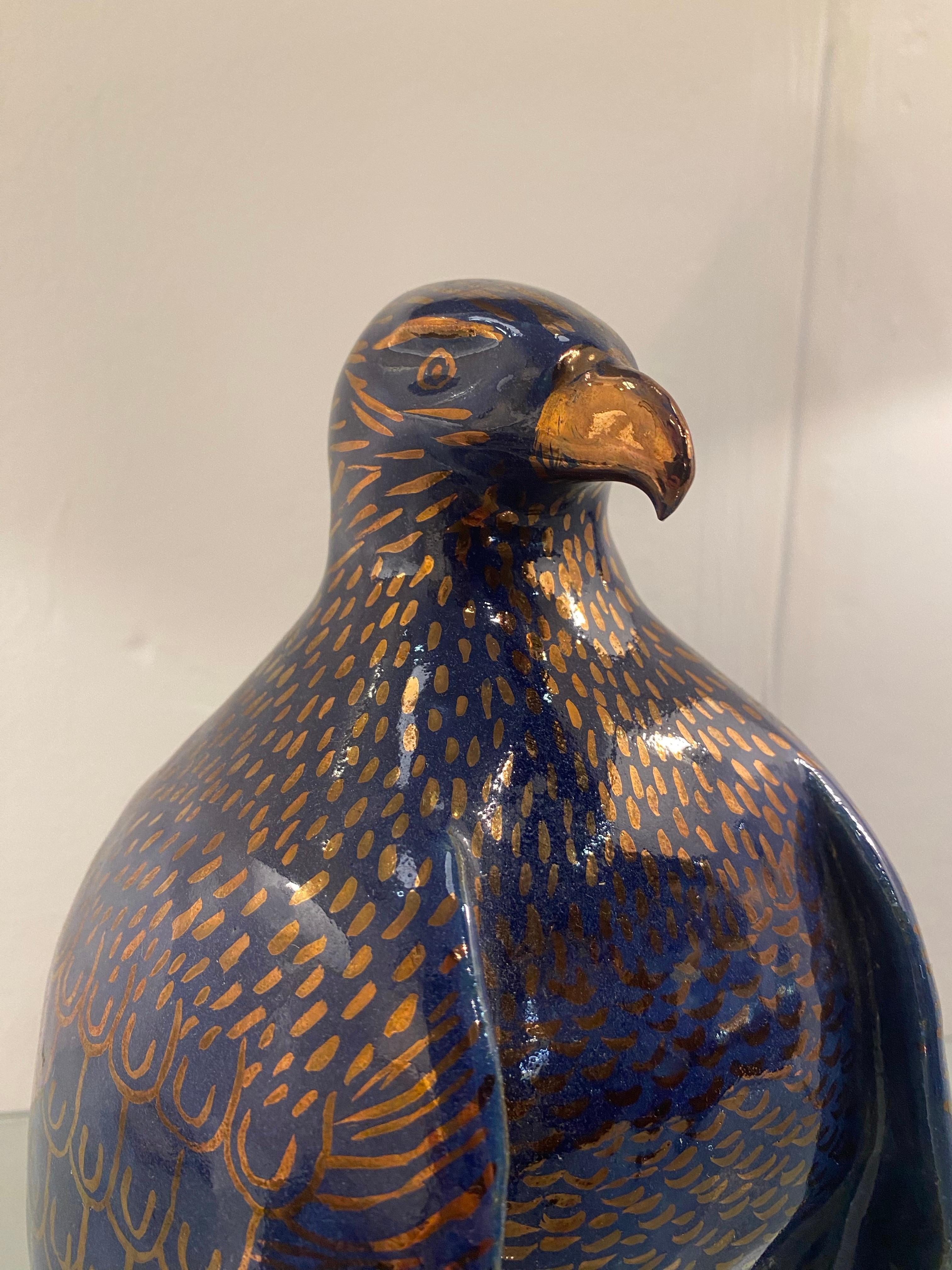 1980s Valaurie Blue Ceramic Eagle Bird Sculpture 24k Gold Italian France 2