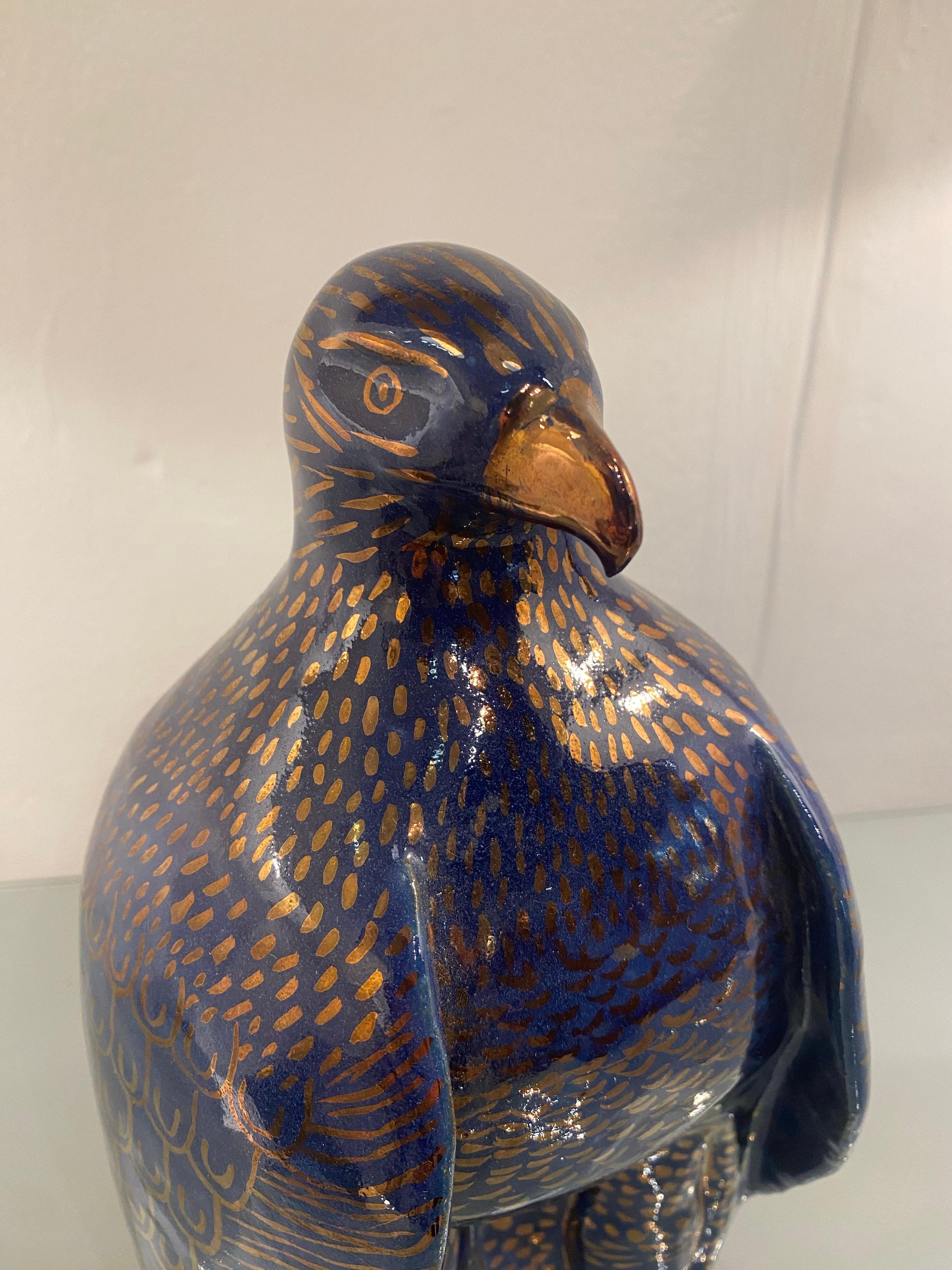 1980s Valaurie Blue Ceramic Eagle Bird Sculpture 24k Gold Italian France 3