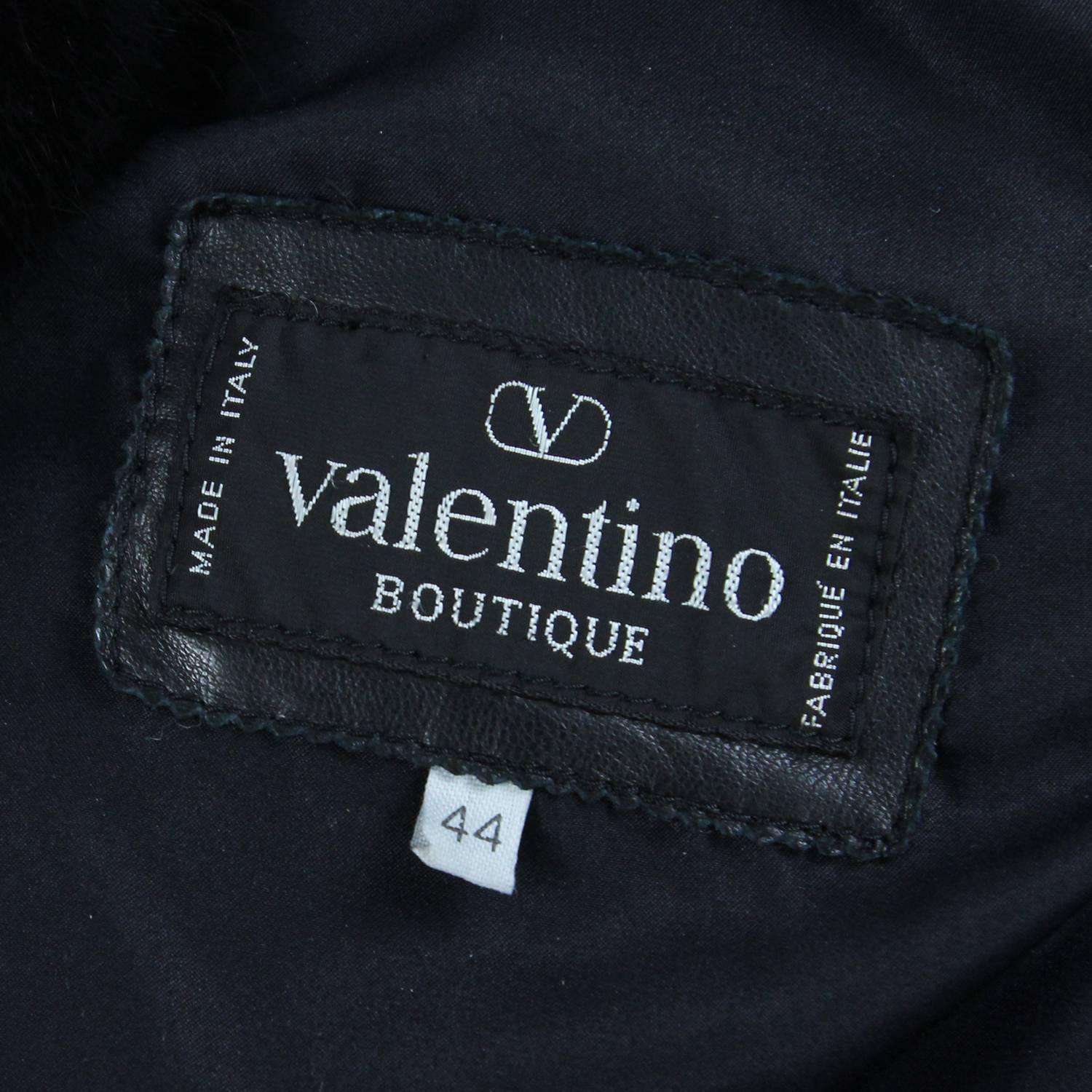 Women's 1980s Valentino Black Leather Crop Jacket trimmed with Fox Black Fur