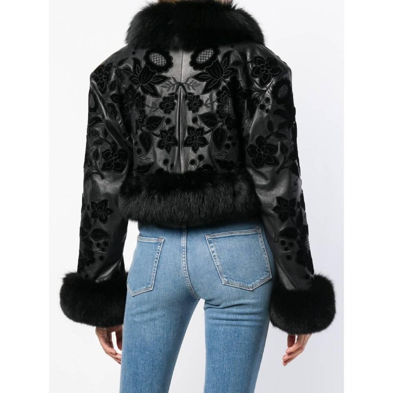 1980s Valentino Black Leather Crop Jacket trimmed with Fox Black Fur at ...