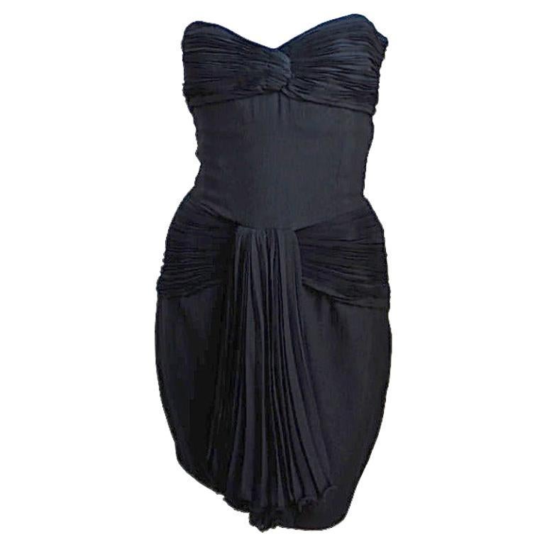 1980's VALENTINO black pleated strapless dress For Sale