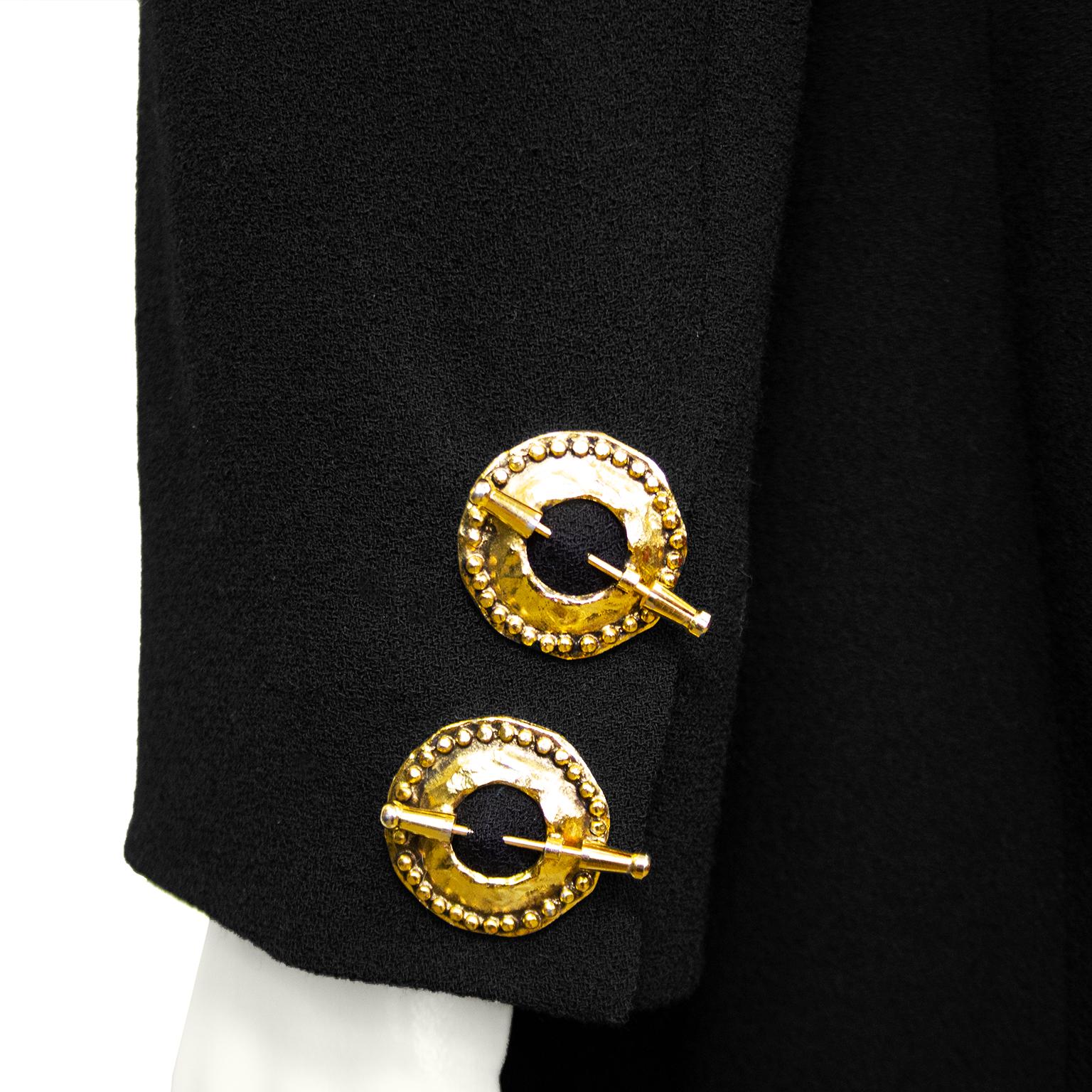 Women's 1980s Valentino Black Skirt Suit with Sliced Back and Large Gold Buttons 