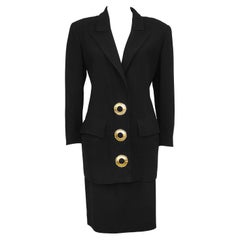 1980s Valentino Black Skirt Suit with Sliced Back and Large Gold Buttons