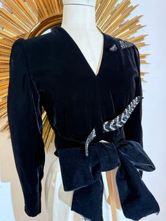 1980s Valentino Black Velvet & Ivory Satin Dress w Fab Rhinestone Feathers