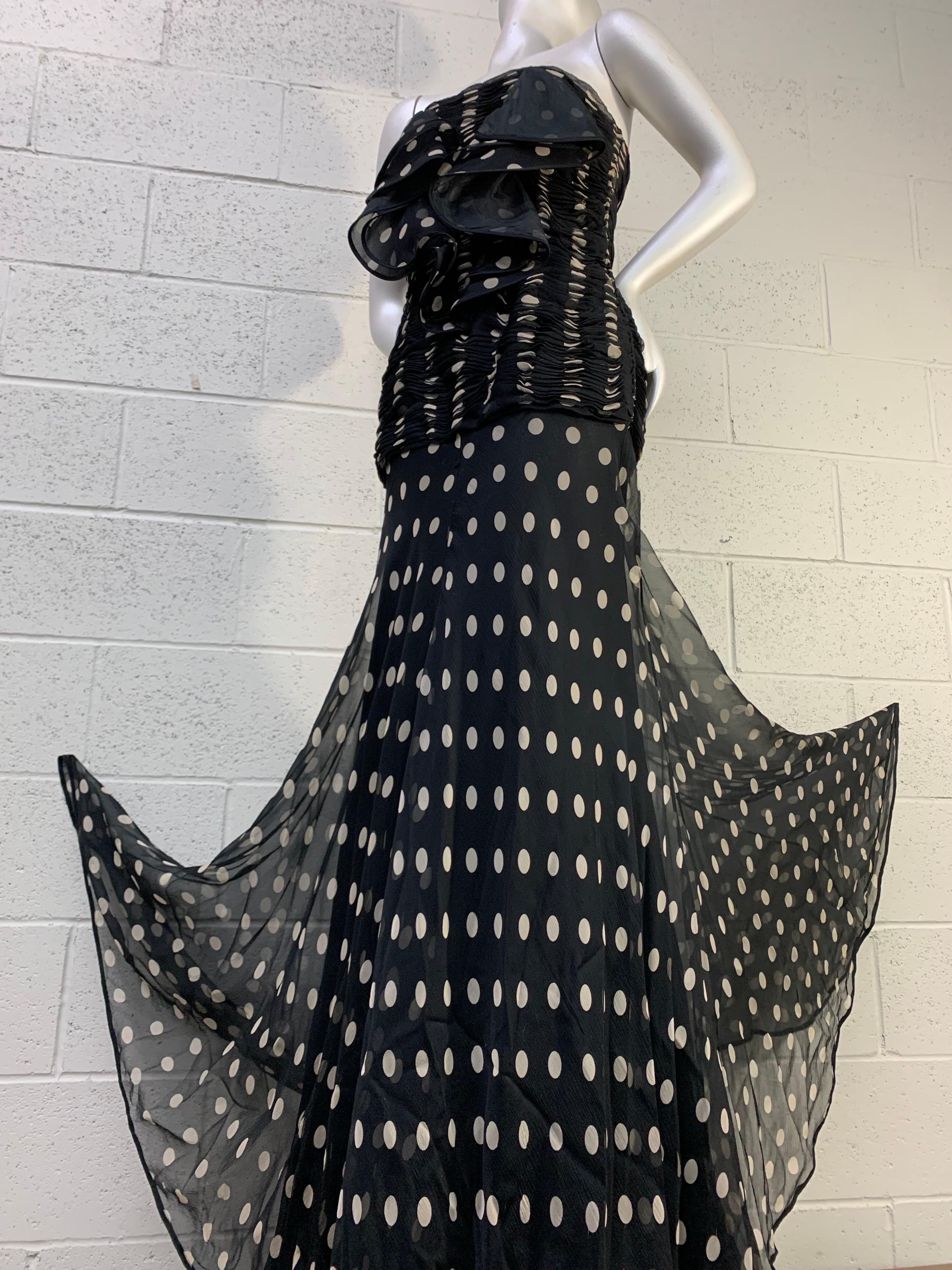 1980s Valentino Black & White Polka Dot Silk Chiffon Strapless Gown w Fishtail Train: Structured corset under a gorgeous ruched bodice and hip with a dramatic ruffle flourish at front and train at back. 3 layer skirt construction for lush movement.