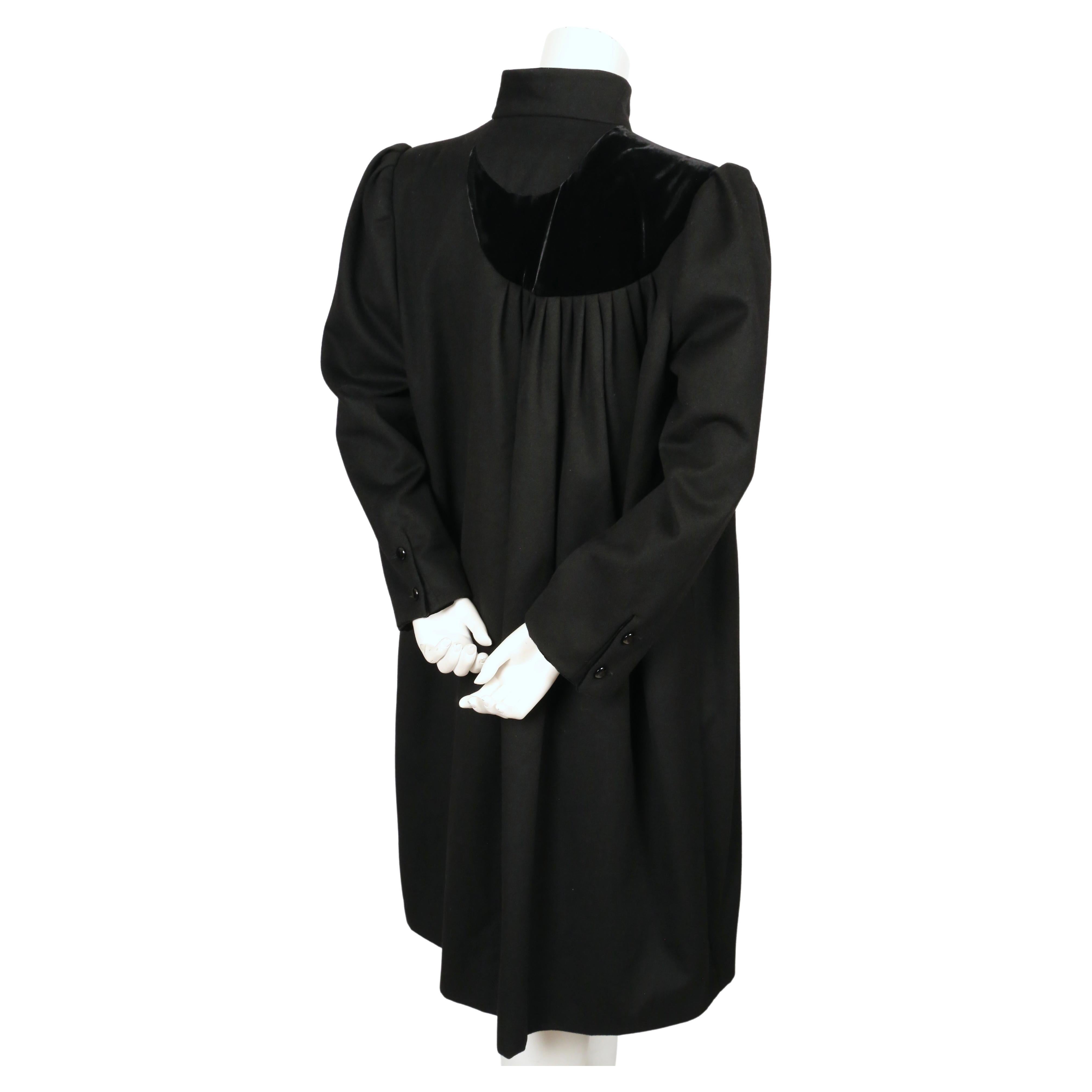 Women's or Men's 1980's VALENTINO black wool coat and matching skirt with velvet detail For Sale