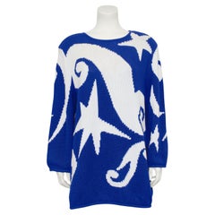 1980s Valentino Blue and White Graphic Sweater
