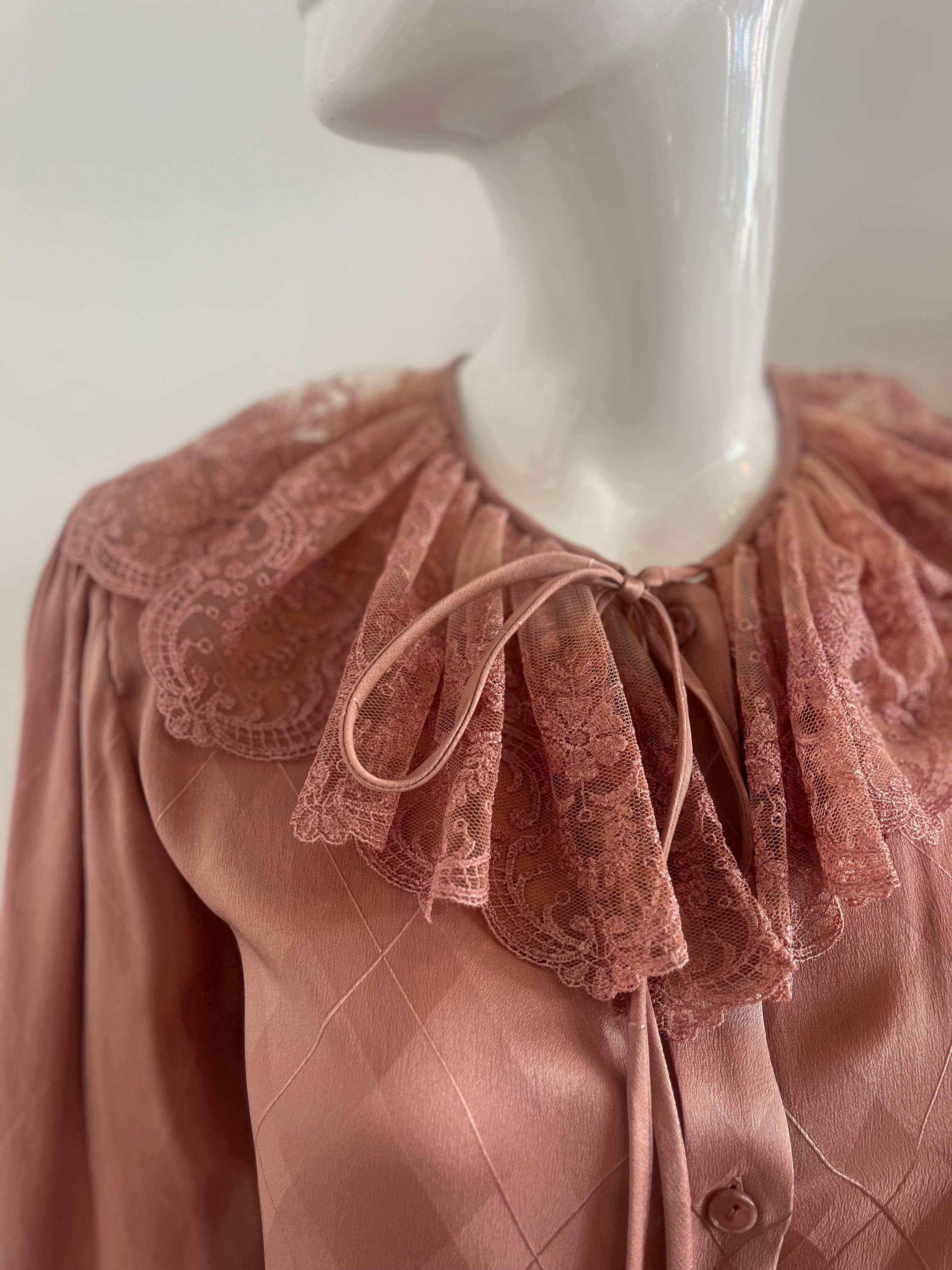 Women's 1980s Valentino Blush Rose Silk Lace Blouse  For Sale