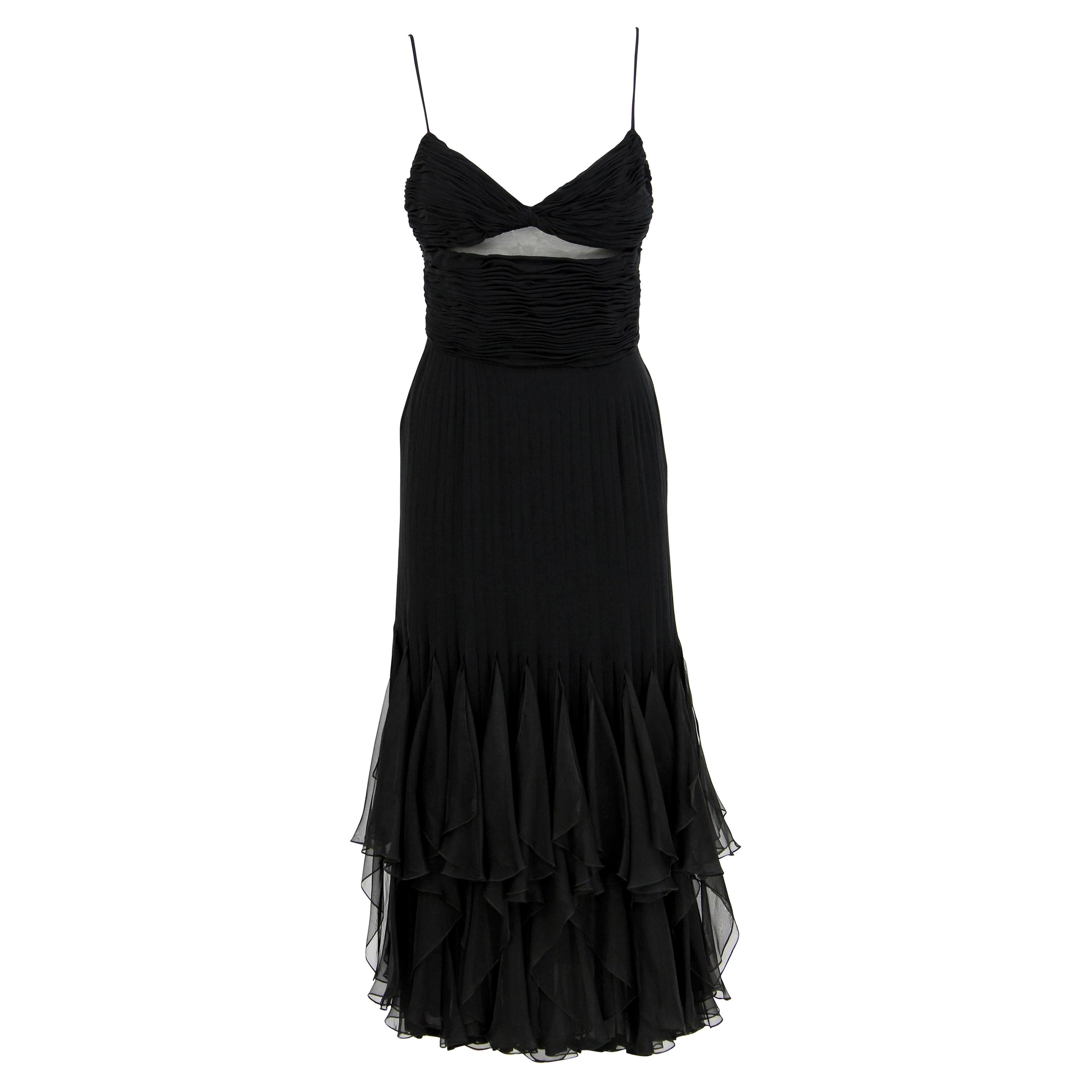 1980s Valentino Boutique Vintage Black Silk Midi Dress For Sale