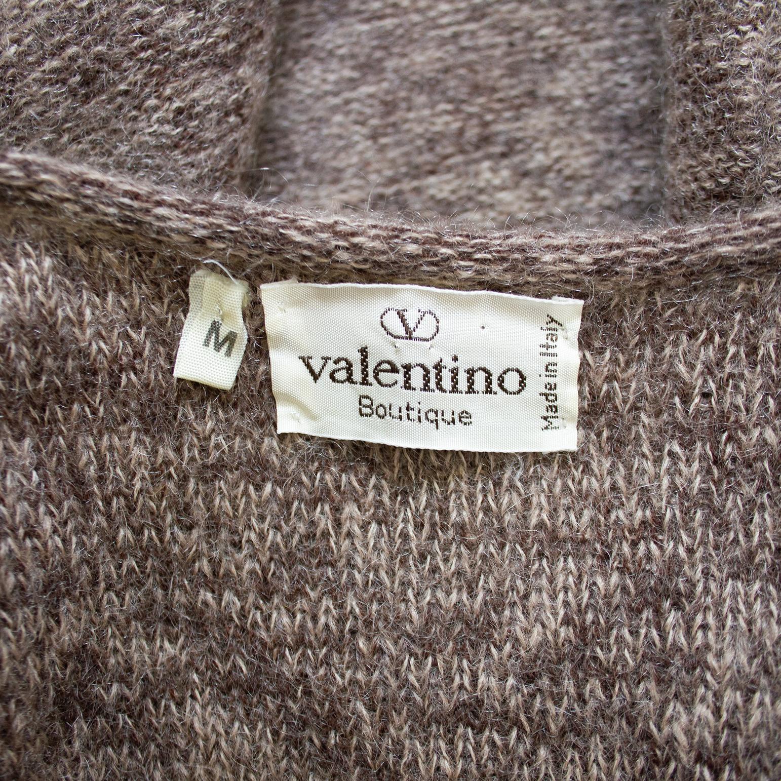 1980s Valentino Brown Knit Cardigan with Lace Collar and Ribbon Tie For Sale 2