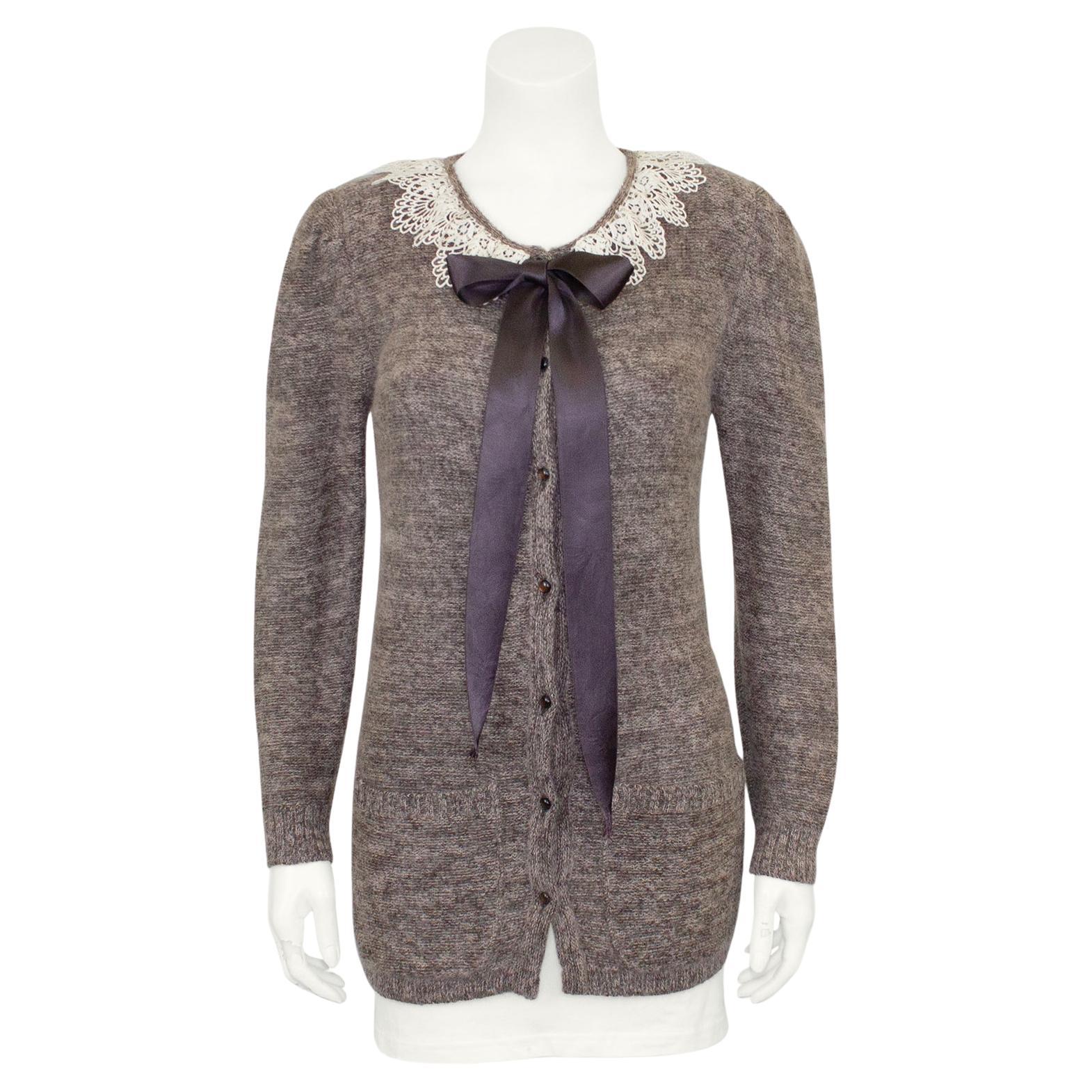 1980s Valentino Brown Knit Cardigan with Lace Collar and Ribbon Tie For Sale