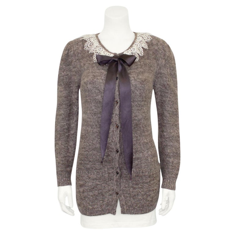 1980s Valentino Brown Knit Cardigan with Lace Collar and Ribbon 