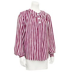 1980s Valentino Burgundy and White Vertical Stripe Blouse