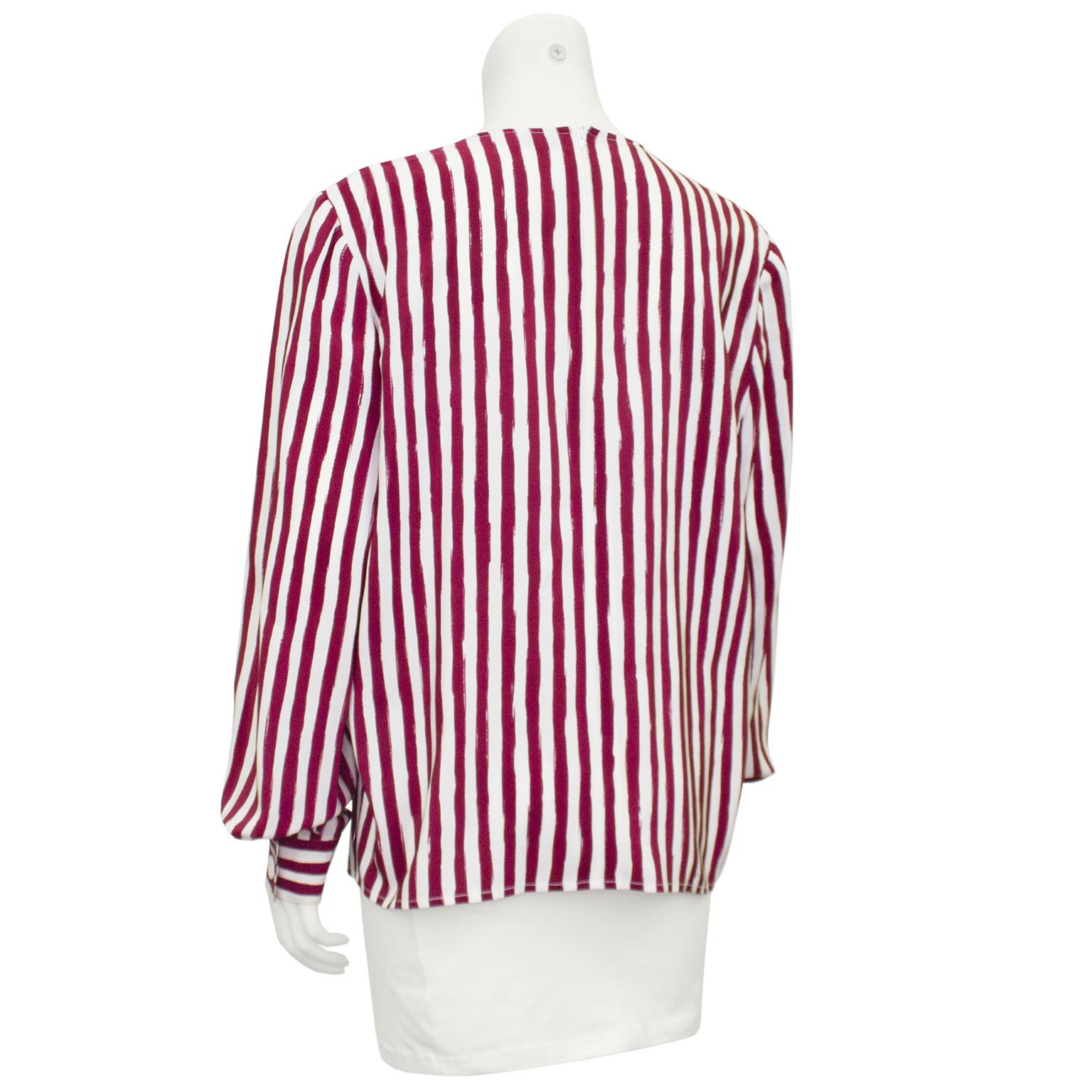 Red 1980s Valentino Burgundy and White Vertical Stripe Blouse  For Sale
