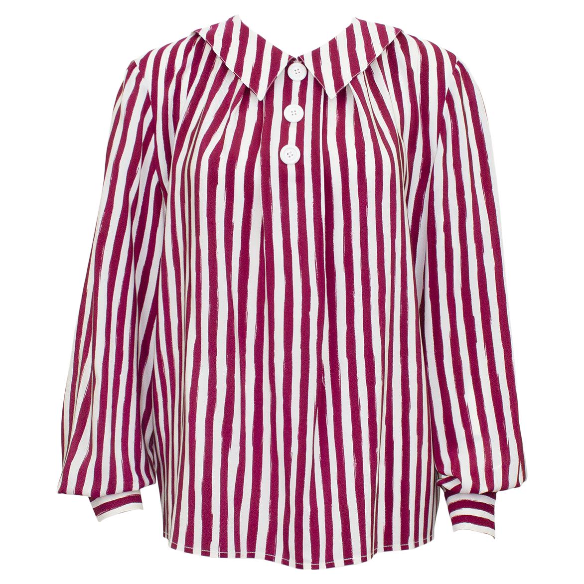 1980s Valentino Burgundy and White Vertical Stripe Blouse For Sale