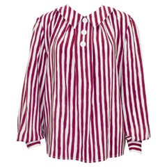 1980s Valentino Burgundy and White Vertical Stripe Blouse 