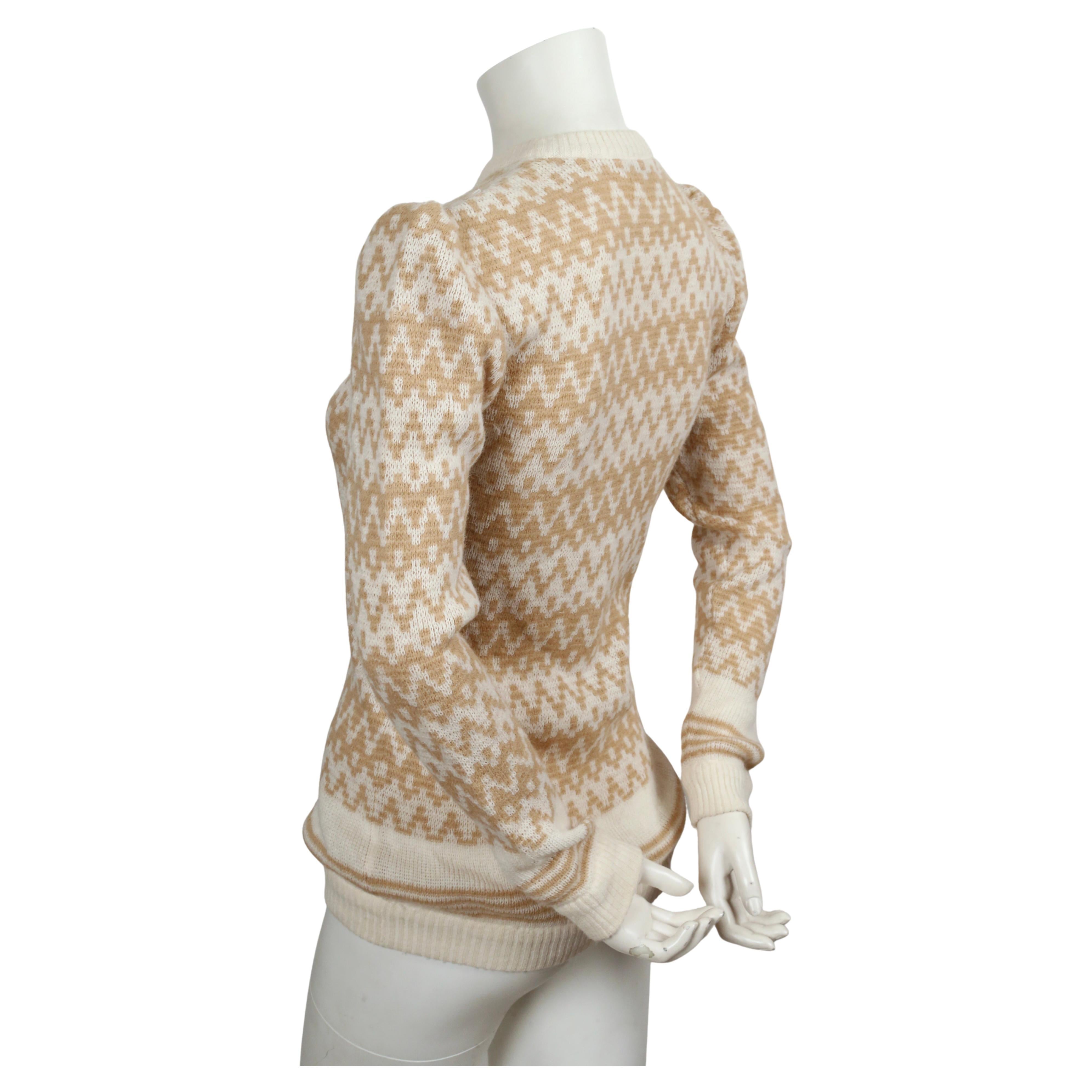 1980's VALENTINO cream and tan sweater with puff shoulders In Good Condition For Sale In San Fransisco, CA