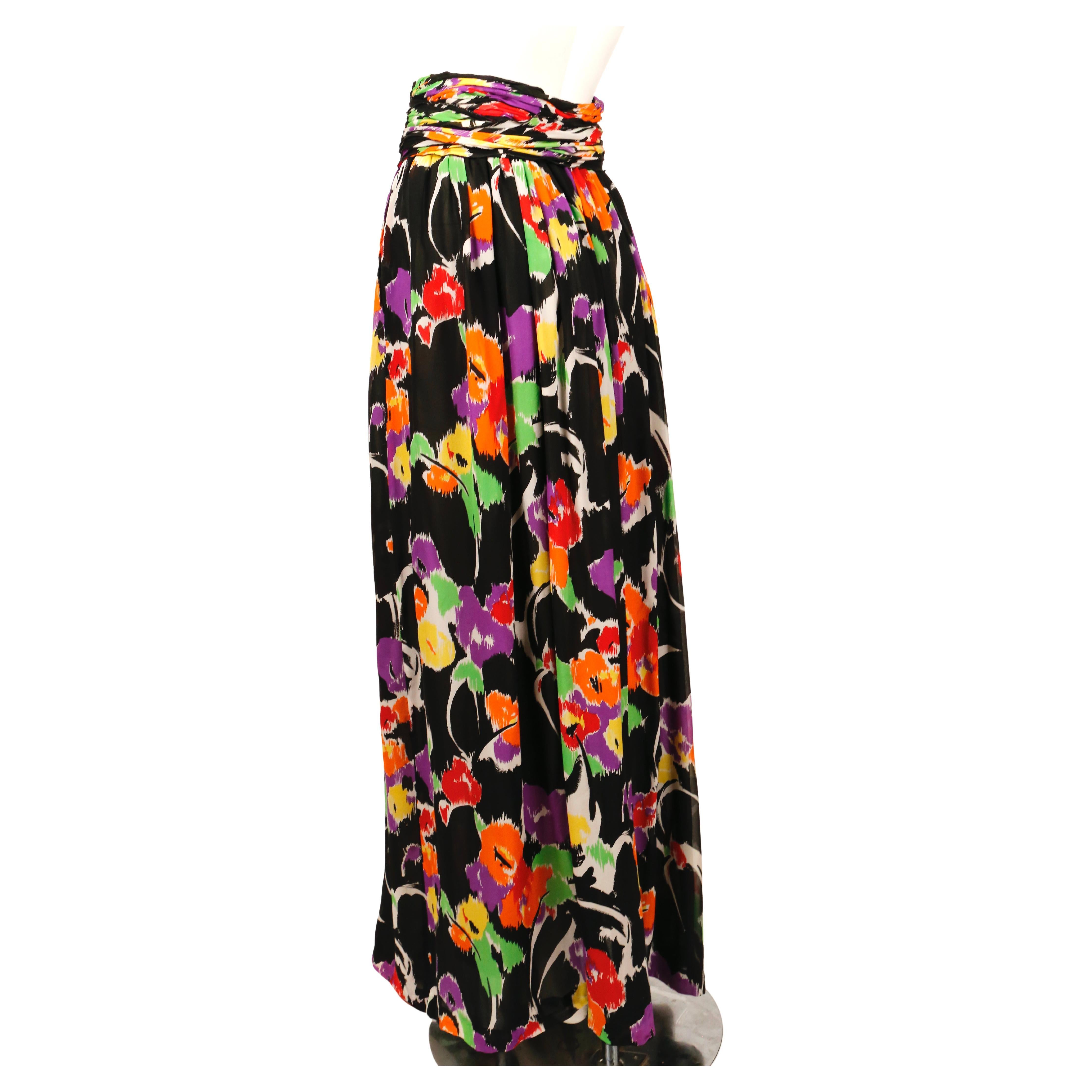 Black 1980's VALENTINO floral printed silk mousseline maxi skirt