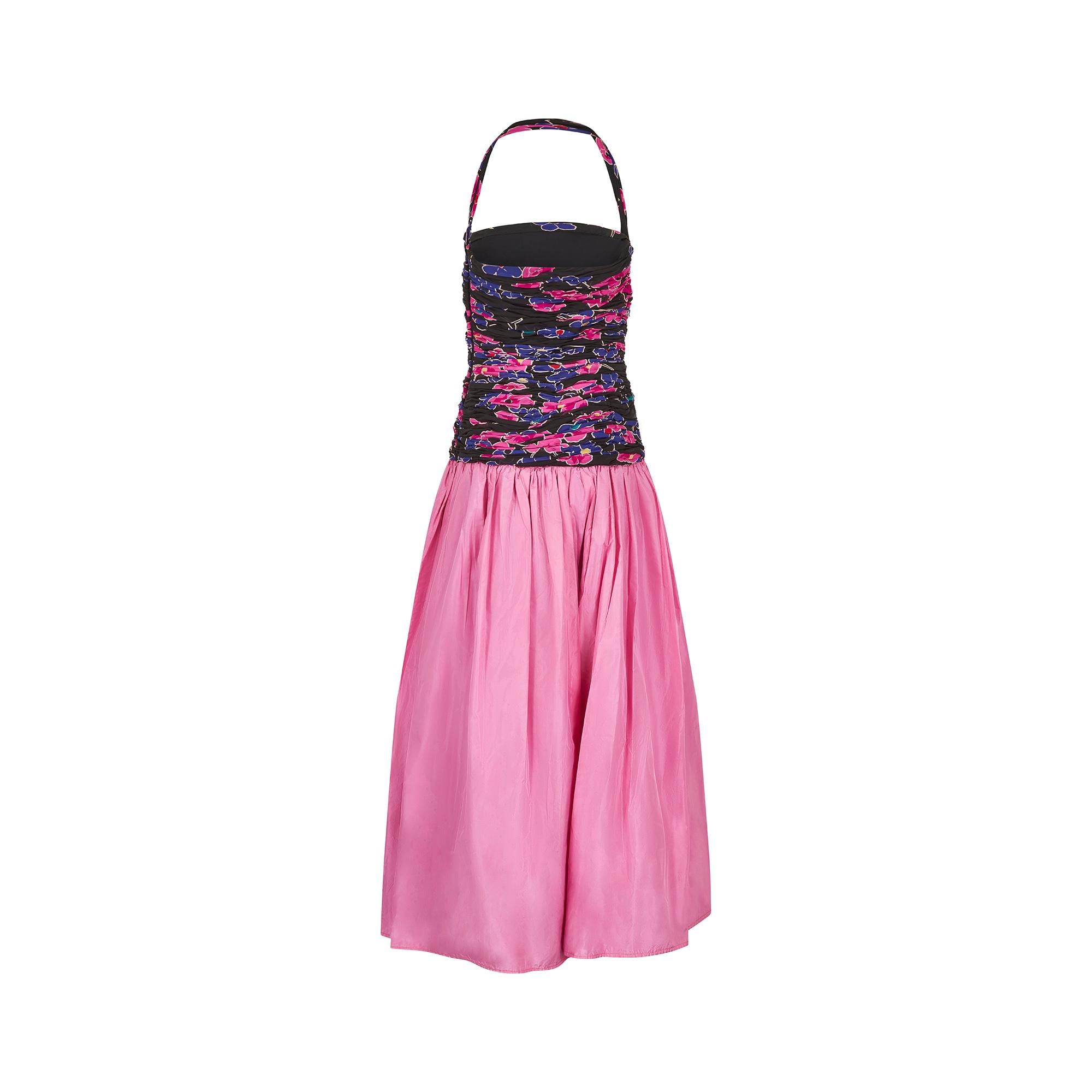 Pink 1980s Valentino Floral Silk Dress with Taffeta Skirt