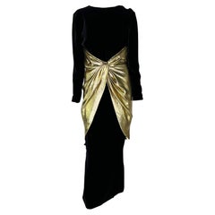 Vintage 1980s Valentino Garavani Gold Lamé Faux Wrap Black Velvet Evening Gown