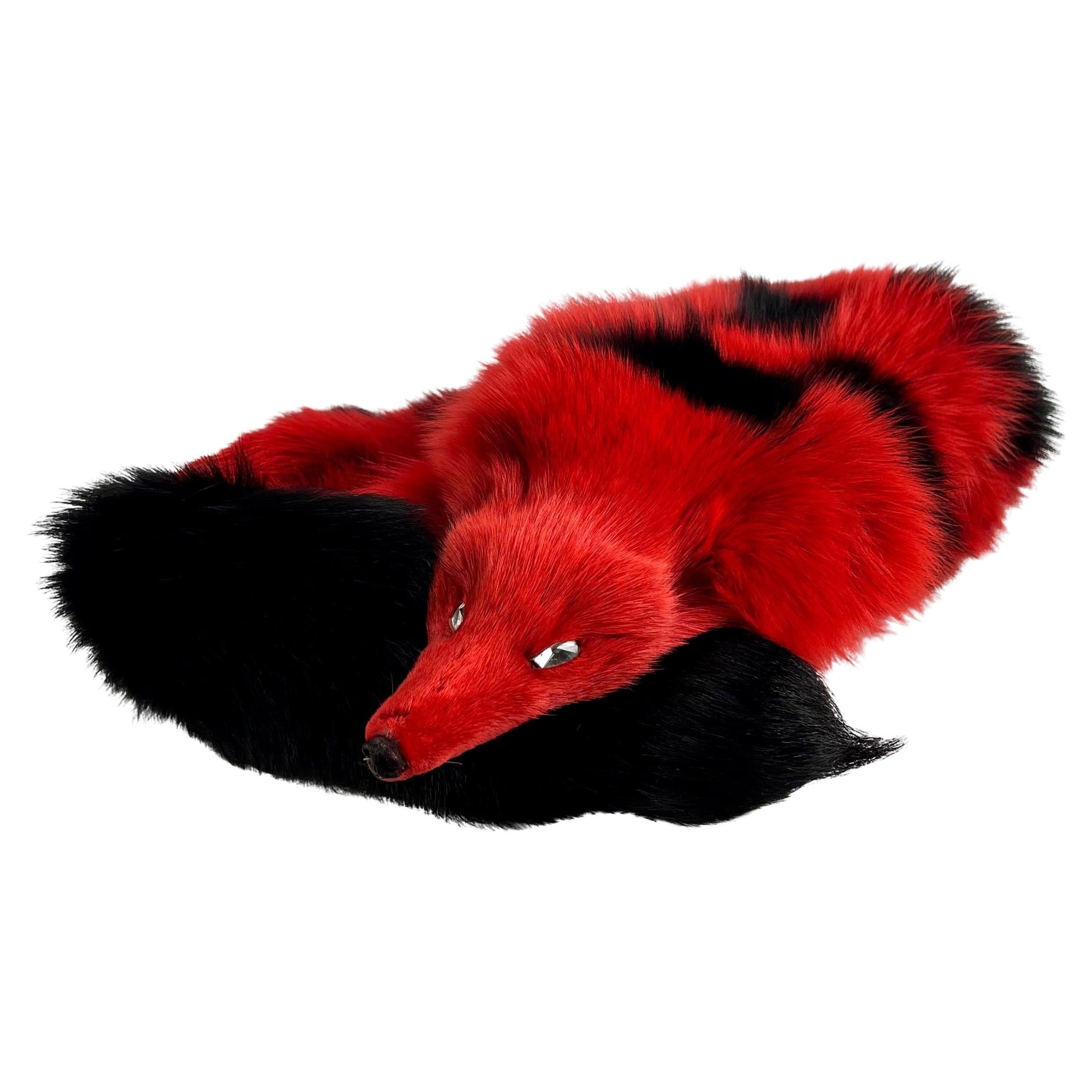 Women's or Men's 1980s Valentino Garavani Night Red Black Checkered Rhinestone Fox Fur Pelt Scarf