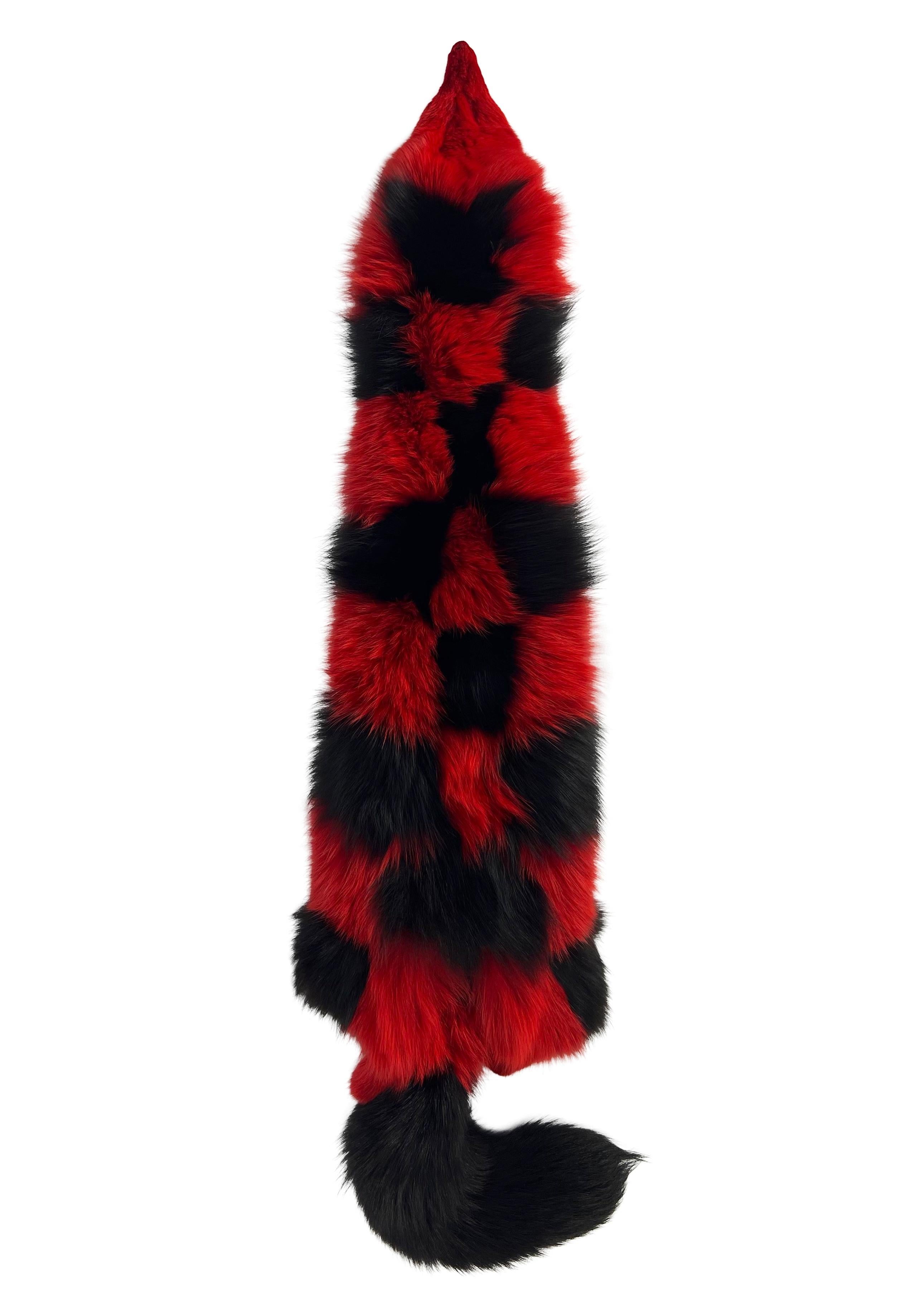 1980s Valentino Garavani Night Red Black Checkered Rhinestone Fox Fur Pelt Scarf 3