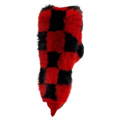 1980s Valentino Garavani Night Red Black Checkered Rhinestone Fox Fur Pelt Scarf