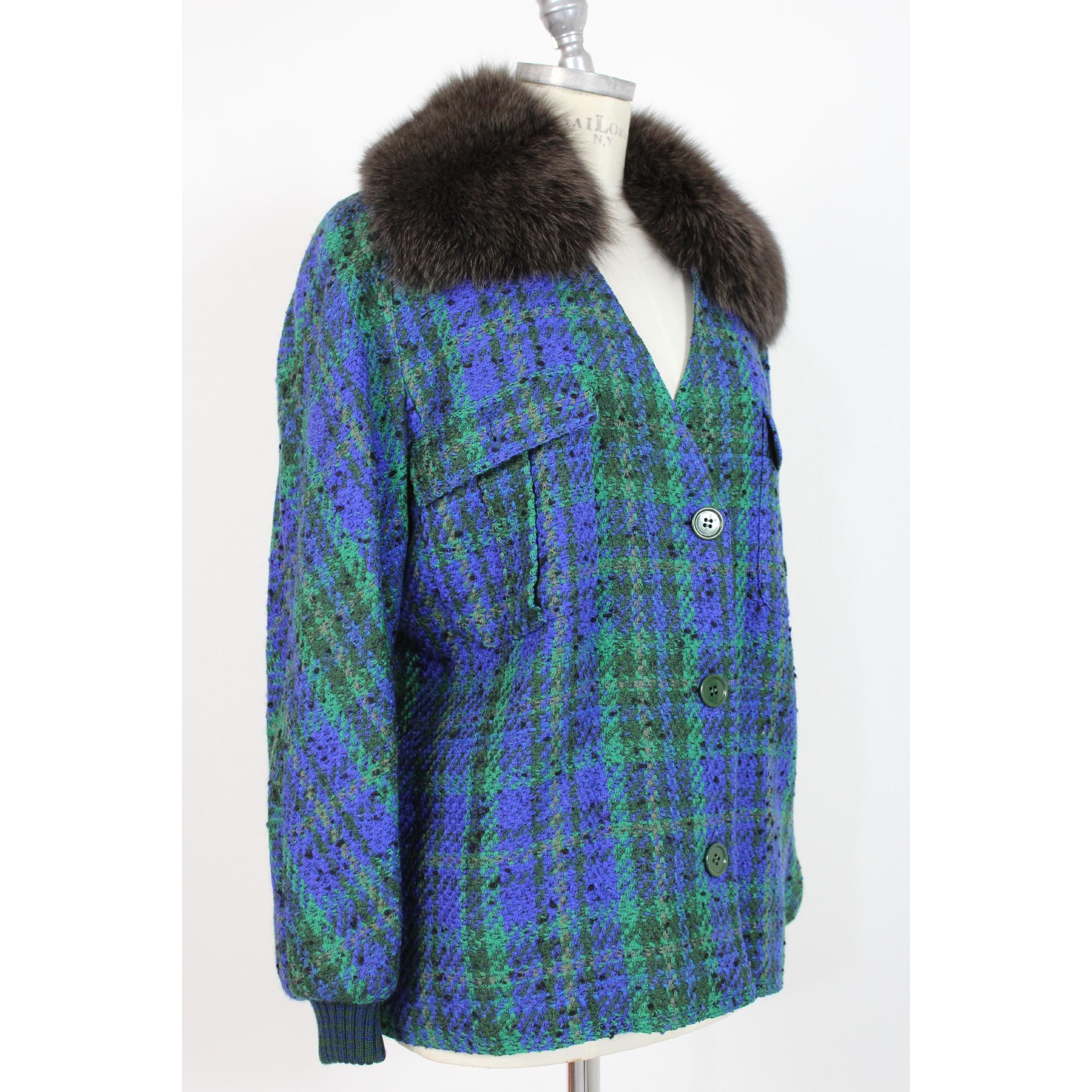 1980s Valentino Green Wool Boucle Faux Fur Neck Jacket 1