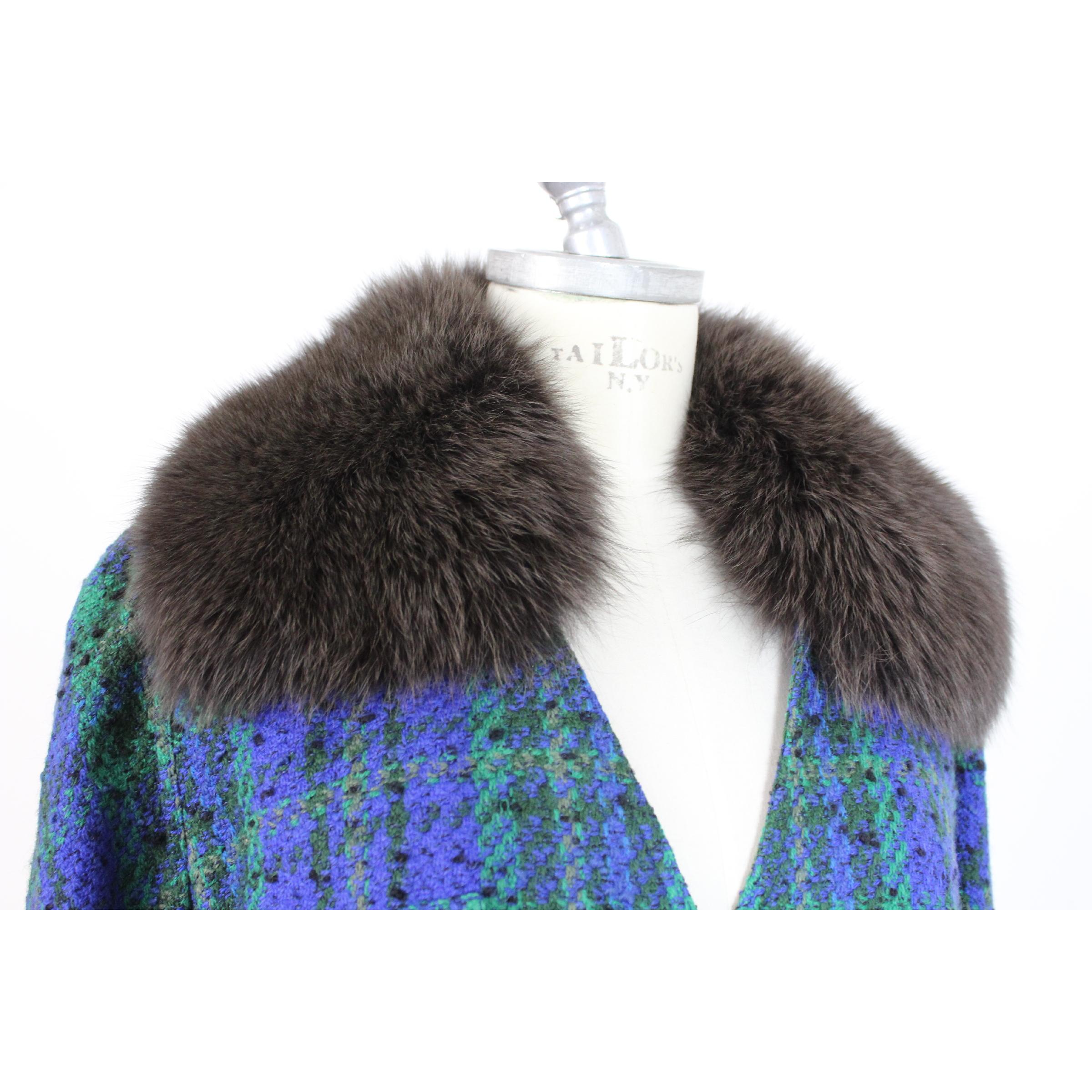 1980s Valentino Green Wool Boucle Faux Fur Neck Jacket 2