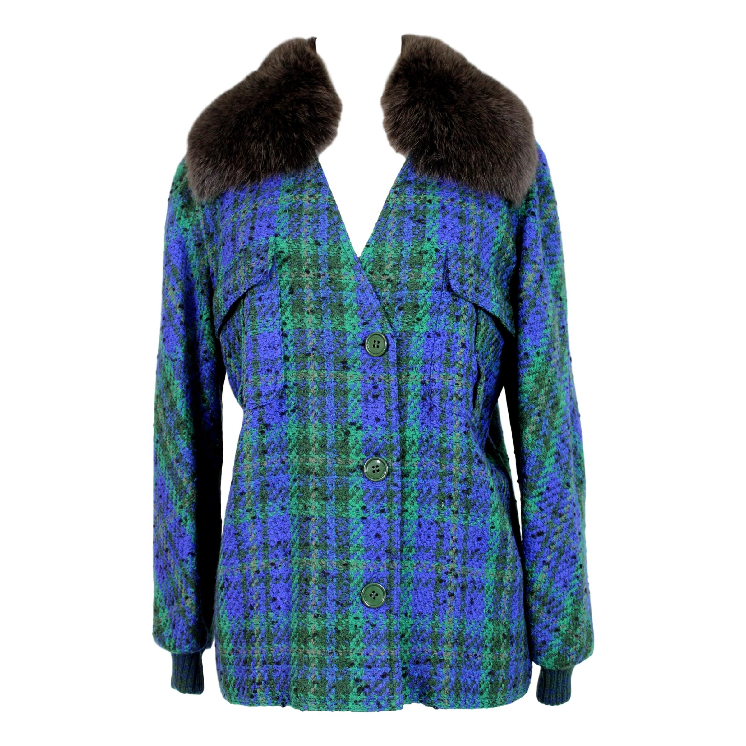 1980s Valentino Green Wool Boucle Faux Fur Neck Jacket