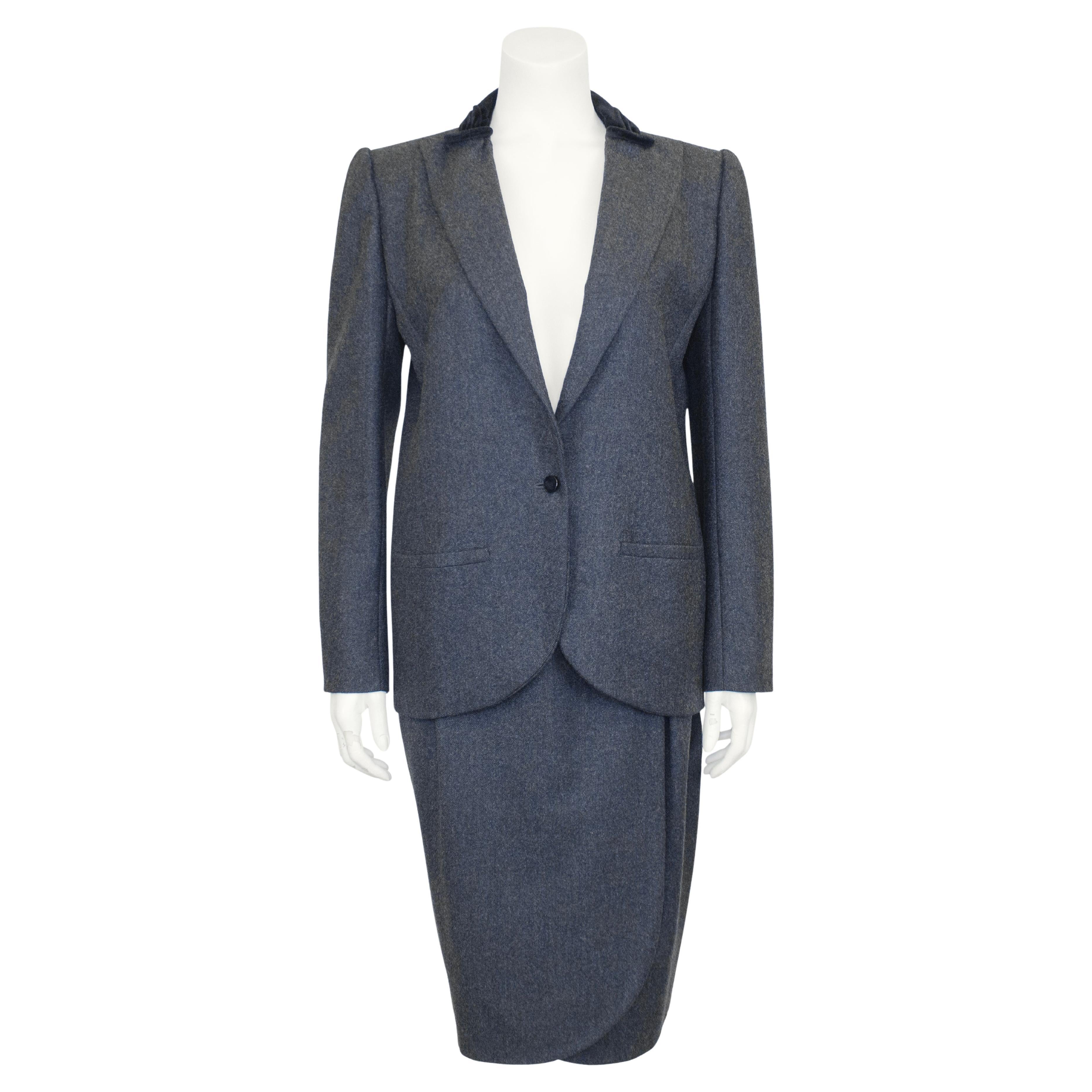 1980s Valentino Grey Skirt Suit with Black Velvet Collar For Sale