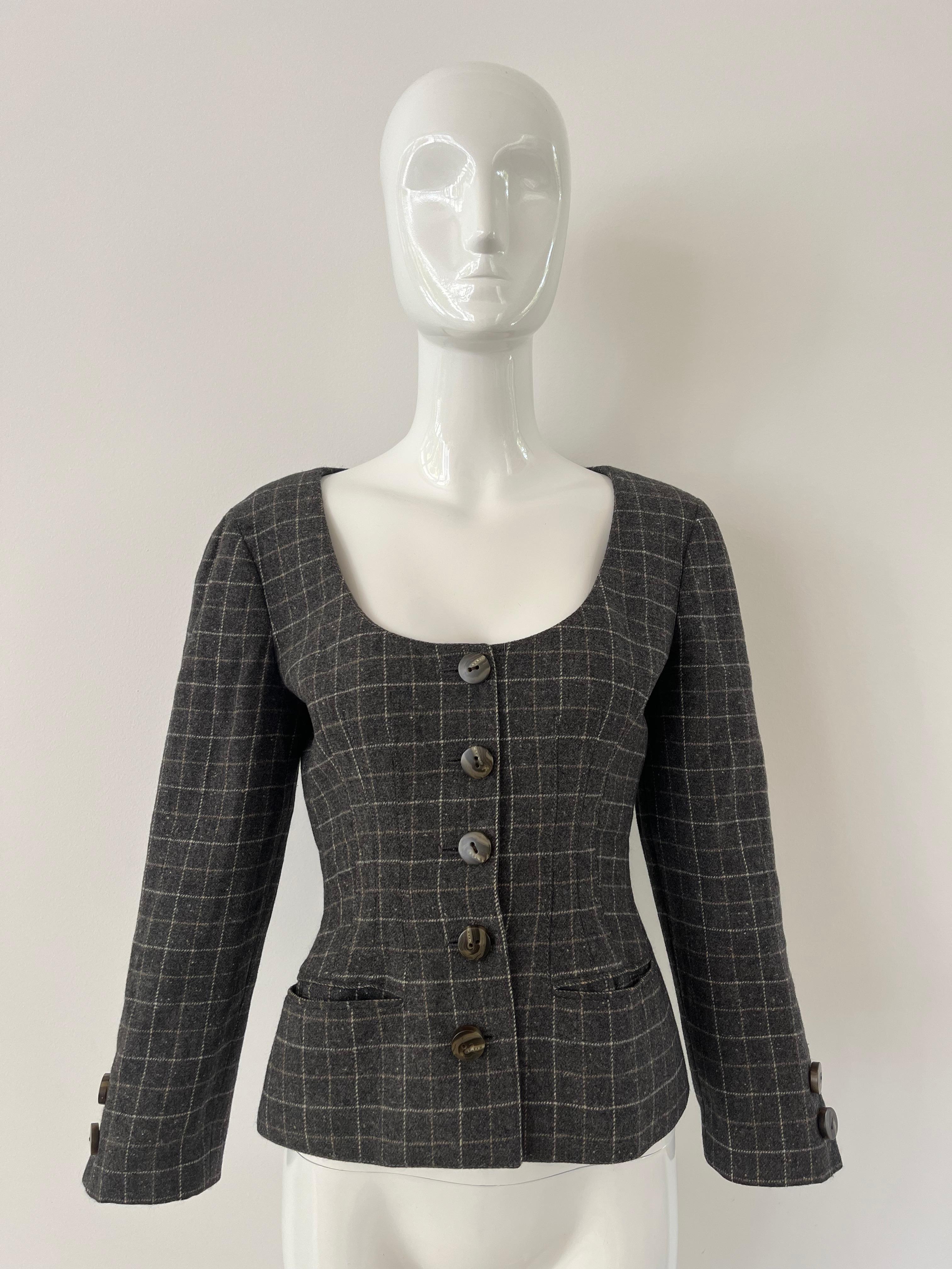 1980s Valentino Grey Wool Windowpane Short Jacket For Sale 1