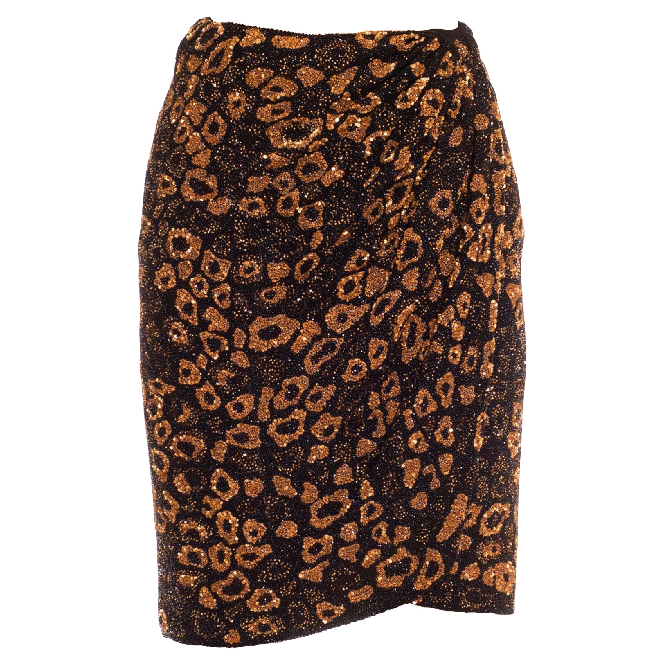 1980er VALENTINO Schwarzer & bronzefarbener Seiden-Chiffon-Wickel mit Leopardenmuster und Perlenbesatz S