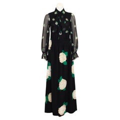 1980s Valentino Maxi Length Black and White Floral Printed Ensemble