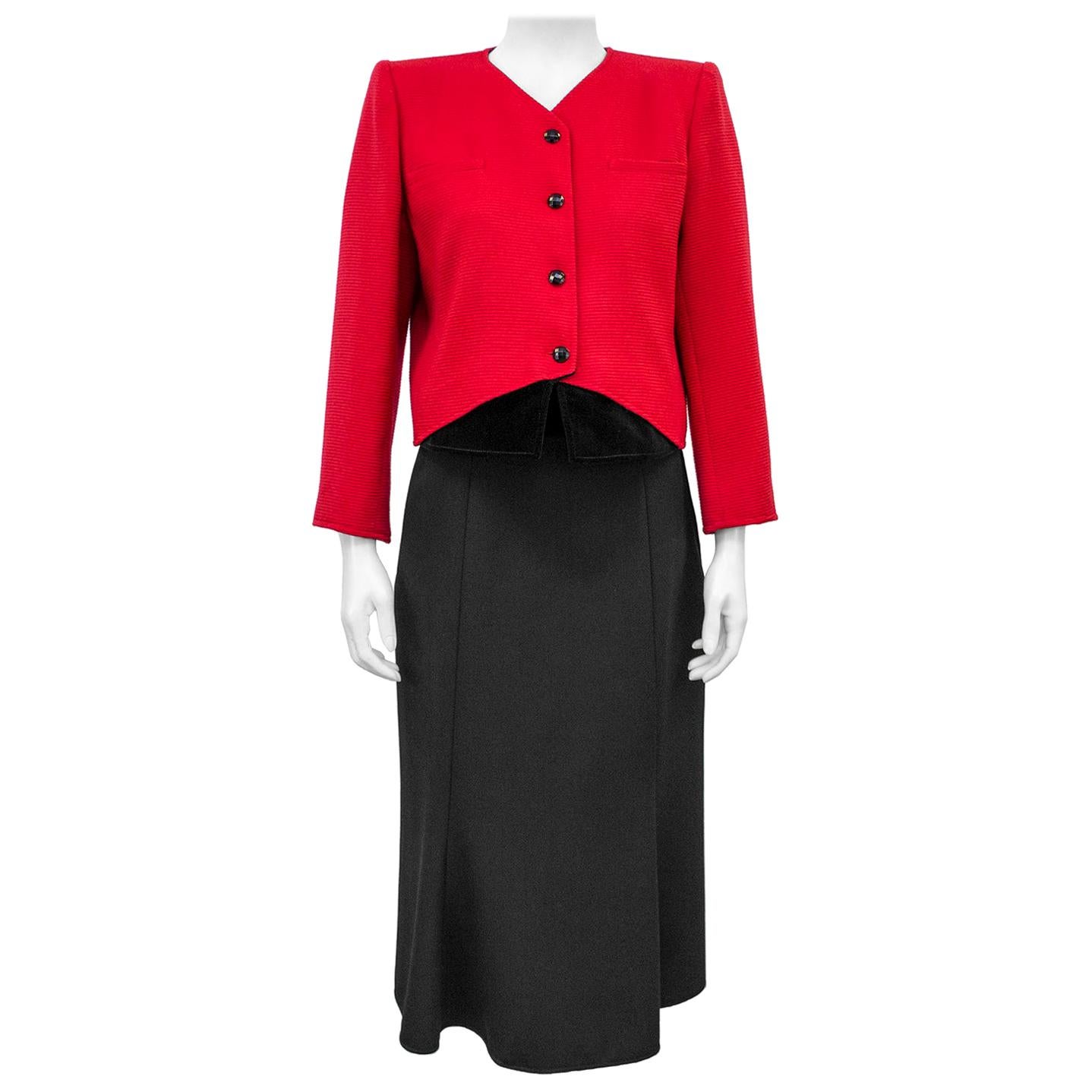 1980s Valentino Midi Skirt Suit with Red Jacket and Velvet Details