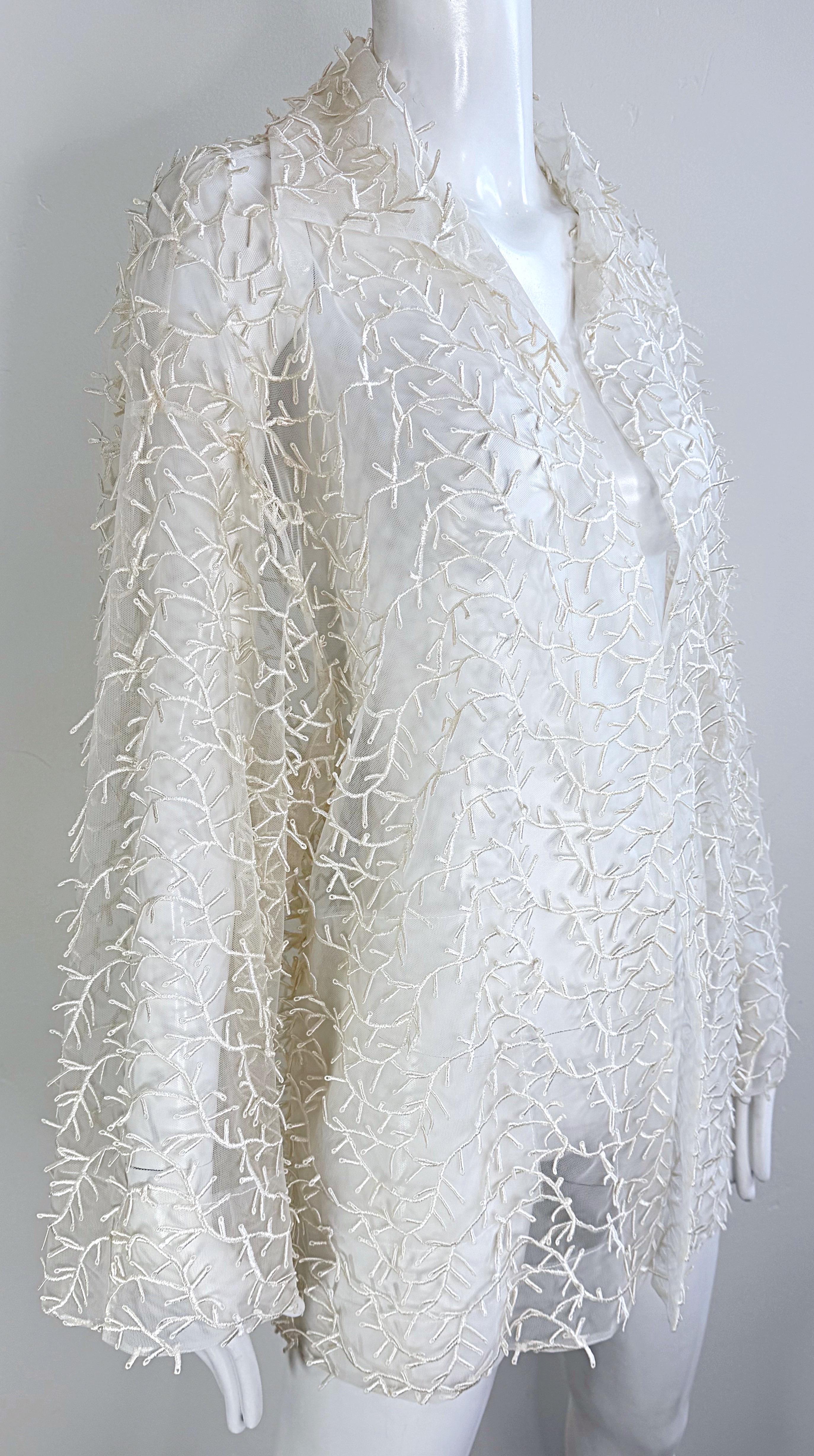 1980s Valentino Miss V White Sheer Nylon Embroidered Oversize Vintage 80s Jacket For Sale 7