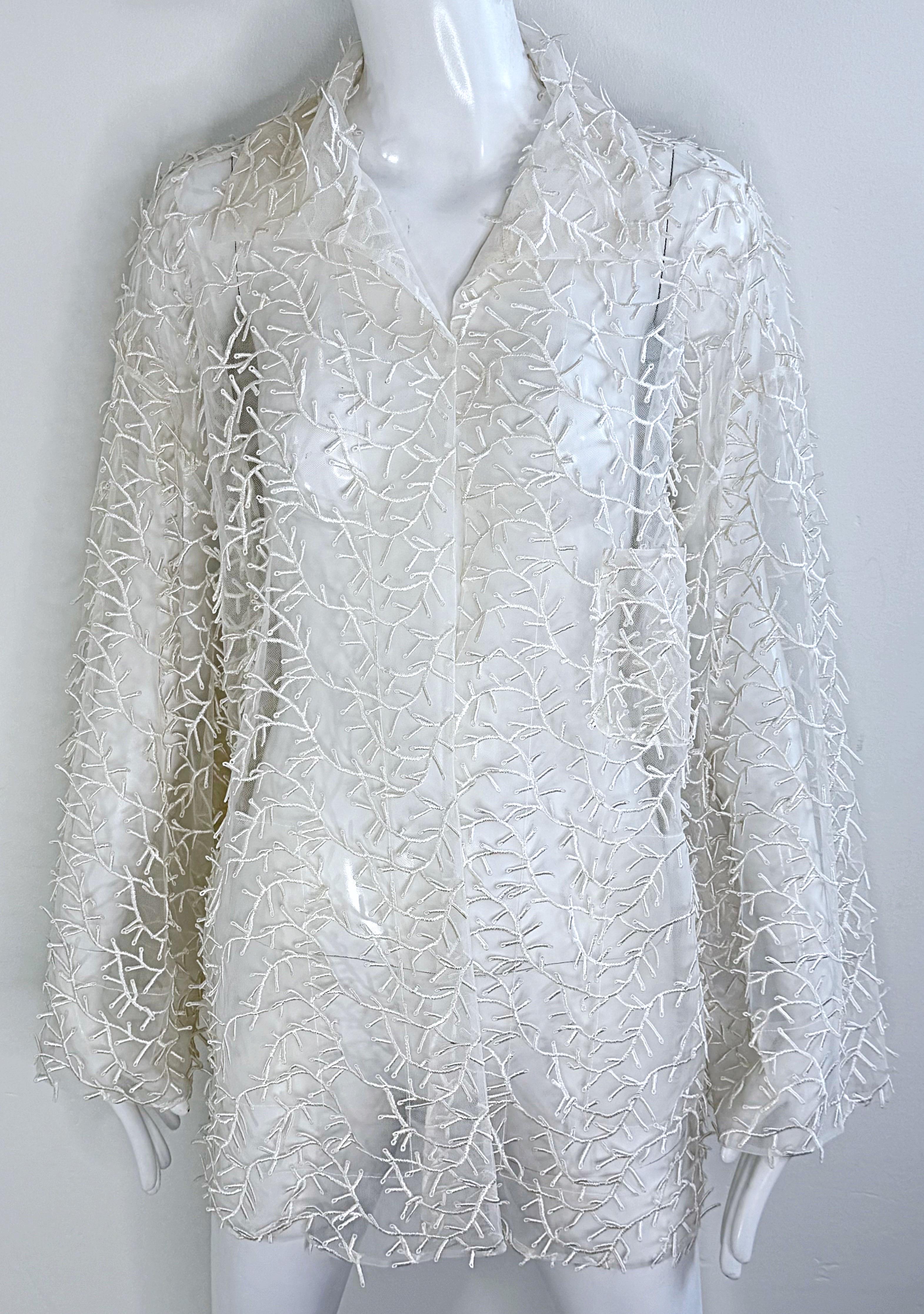 1980s Valentino Miss V White Sheer Nylon Embroidered Oversize Vintage 80s Jacket For Sale 8