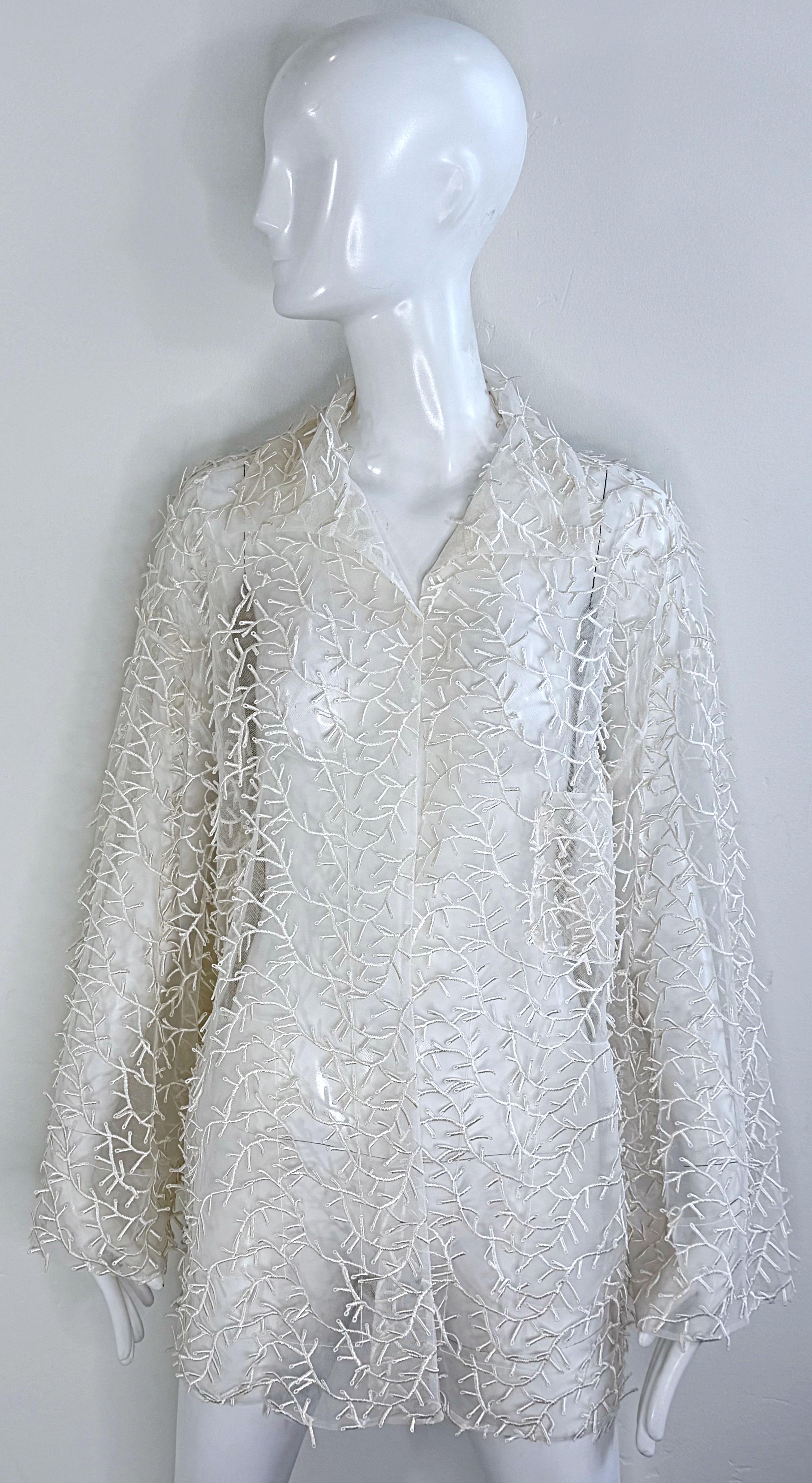 1980s Valentino Miss V White Sheer Nylon Embroidered Oversize Vintage 80s Jacket For Sale 14