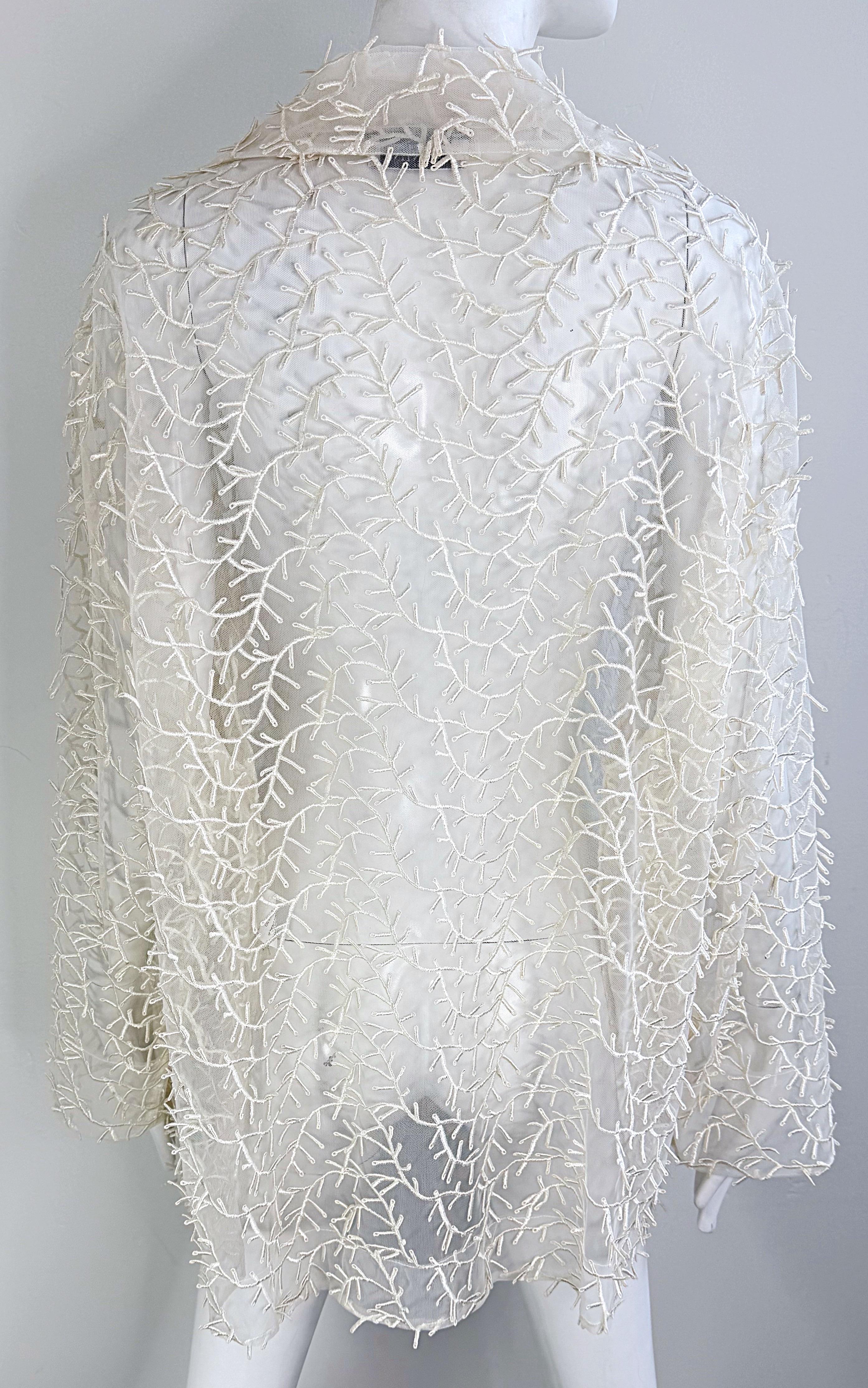 1980s Valentino Miss V White Sheer Nylon Embroidered Oversize Vintage 80s Jacket For Sale 4