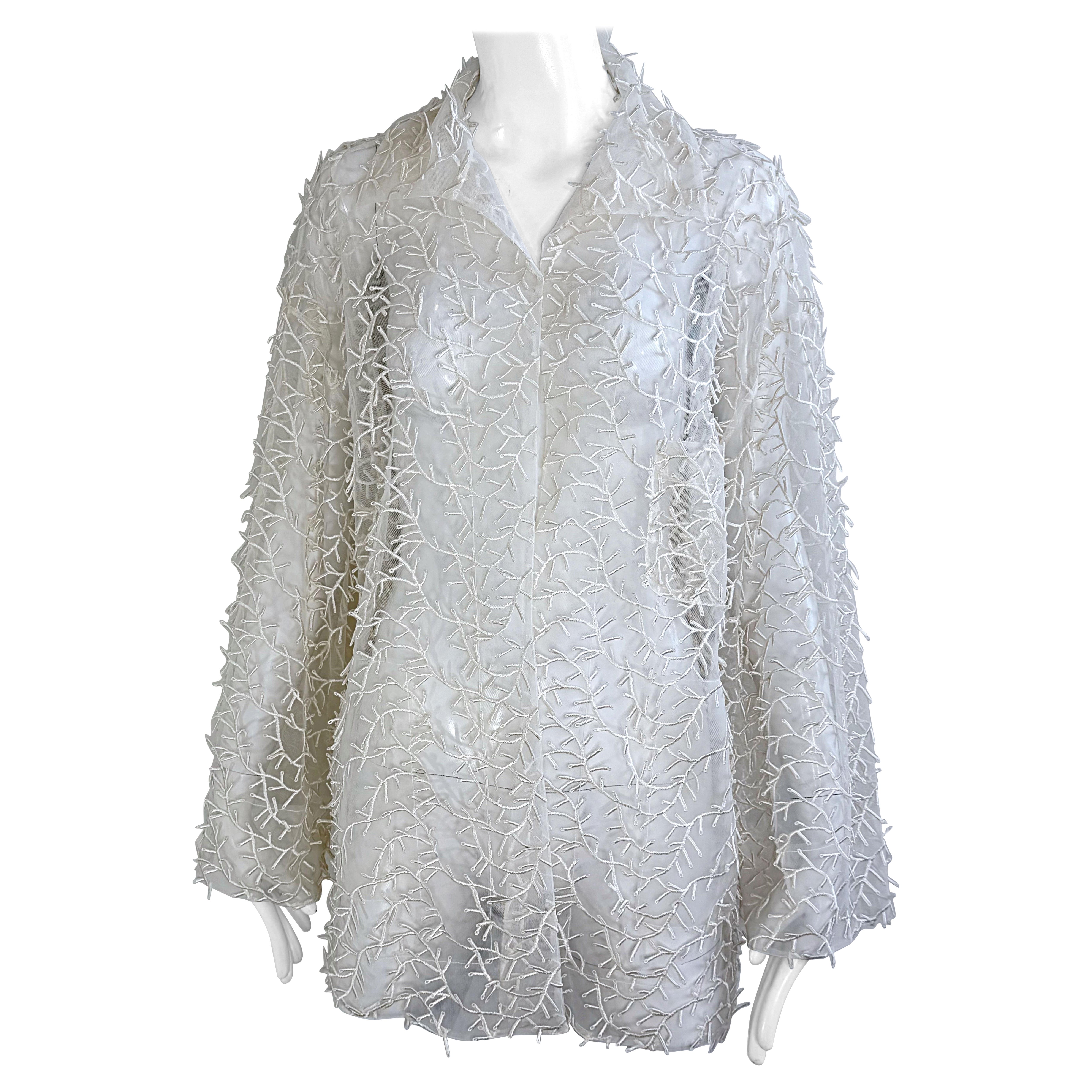 1980er Valentino Miss V Weiße durchsichtige bestickte Oversize Vintage 80er Jahre Jacke aus Nylon in Übergröße